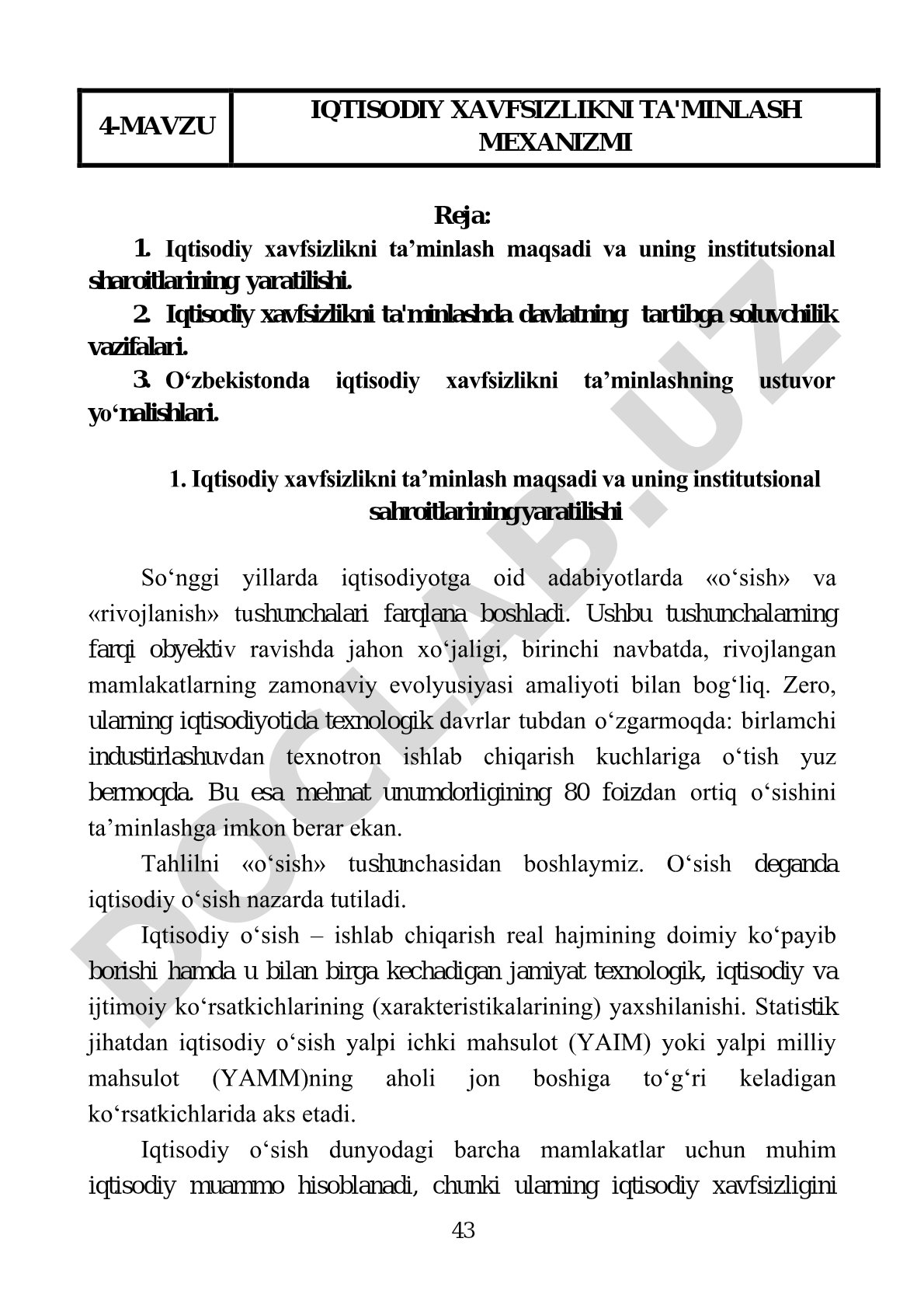 IQTISODIY XAVFSIZLIKNI TA'MINLASH MEXANIZMI