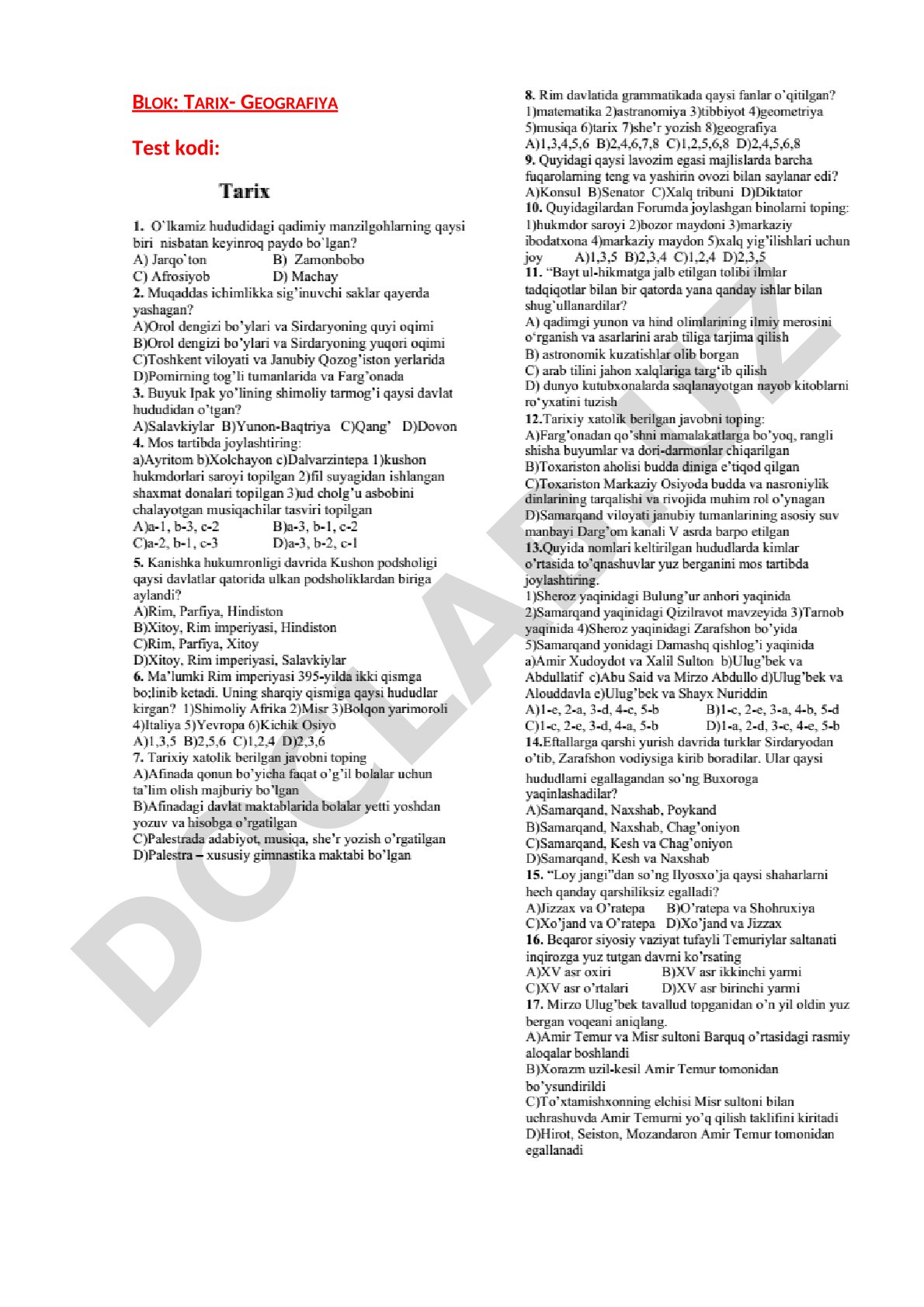 Tarix va geografiya testi