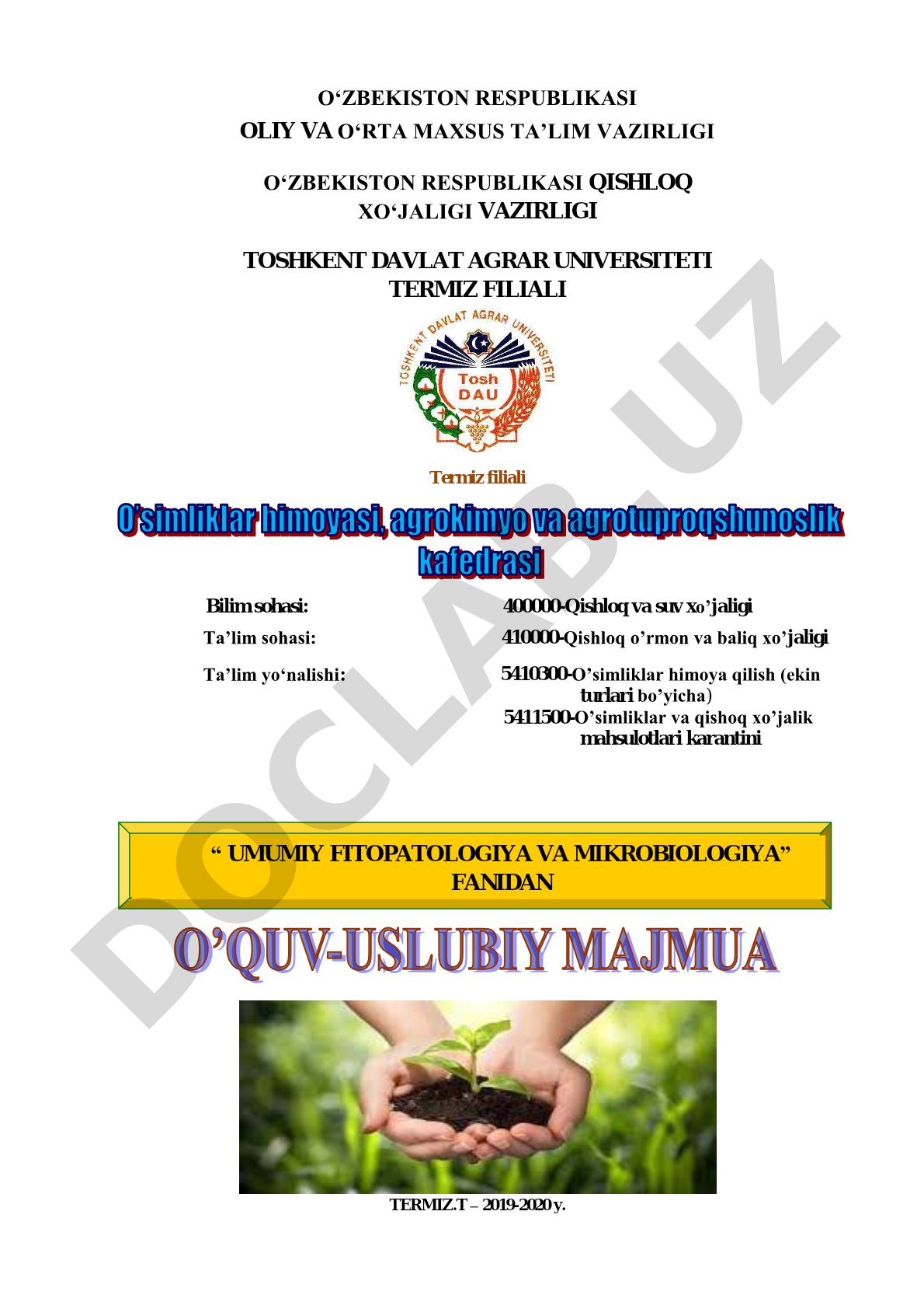 Umumiy fitopatologiya va mikrobiologiya fanidan o'quv-uslubiy majmua