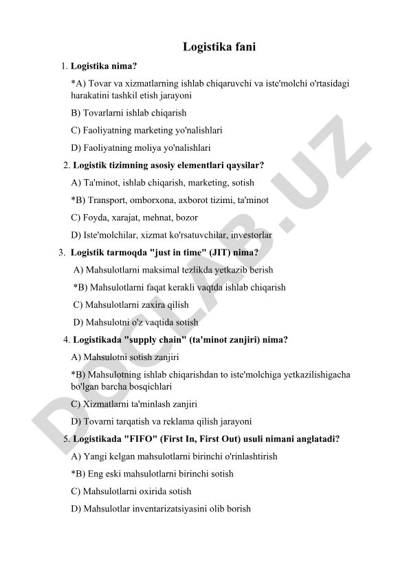 Logistika fanidan test savollari va javoblari