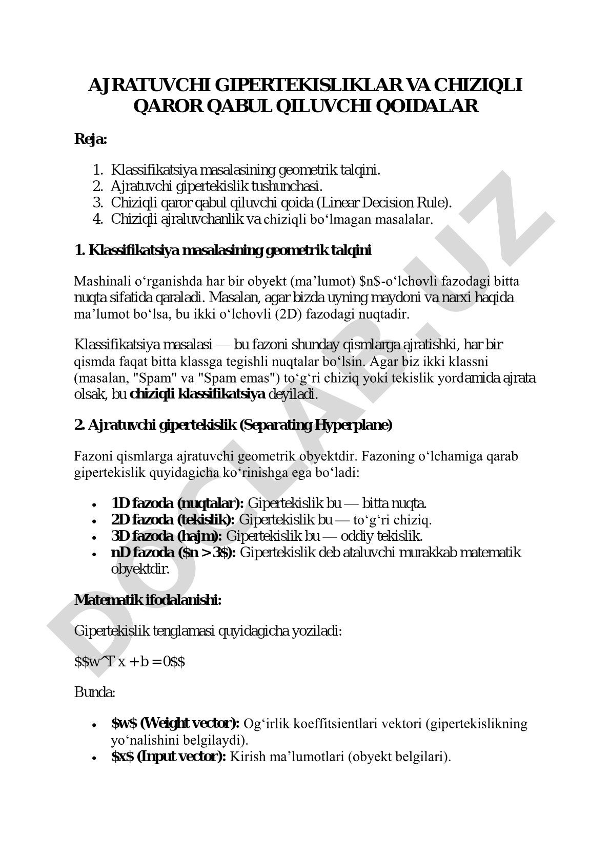 AJRATUVCHI GIPERTEKISLIKLAR VA CHIZIQLI QAROR QABUL QILUVCHI QOIDALAR