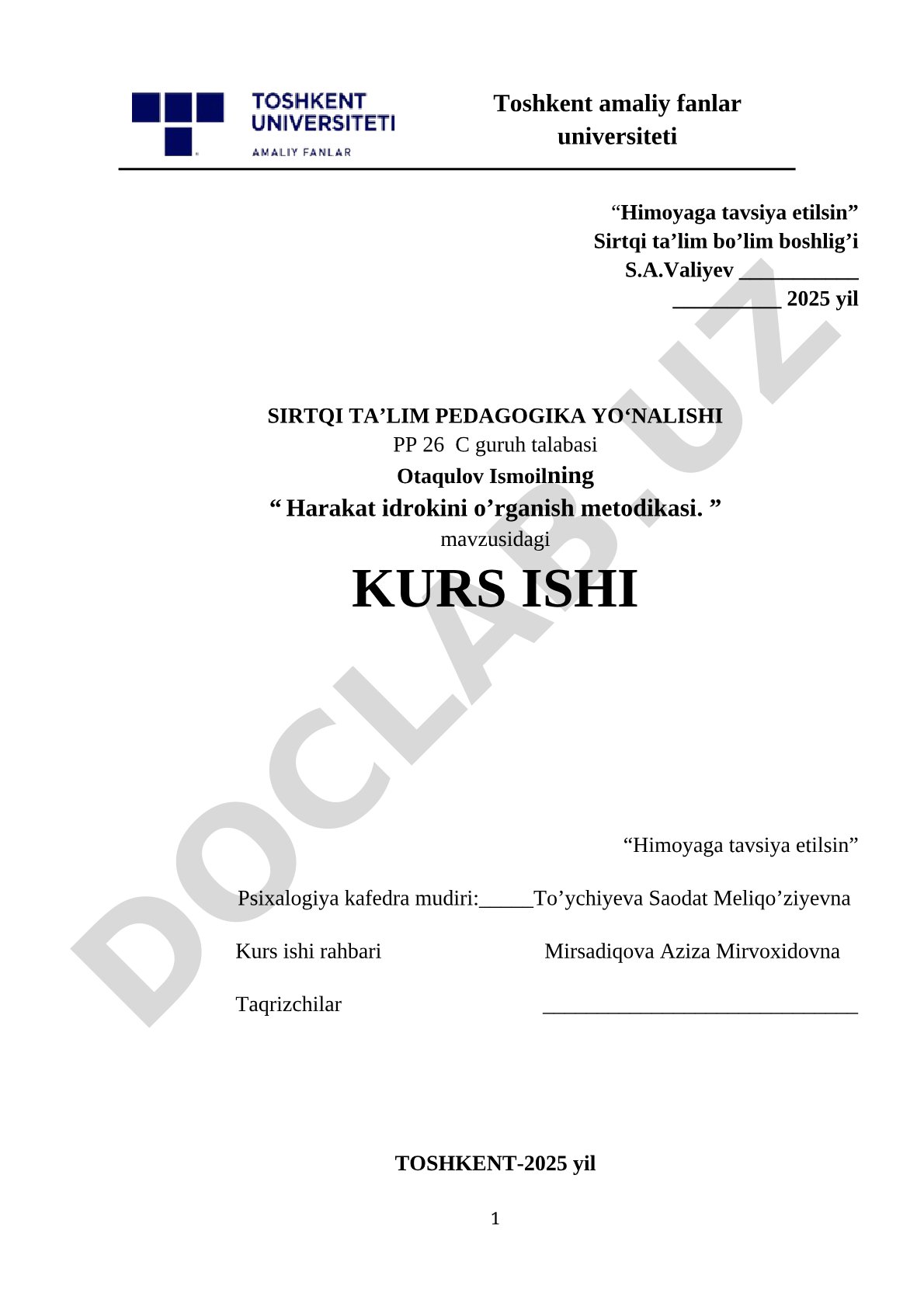 Harakat idrokini o’rganish metodikasi