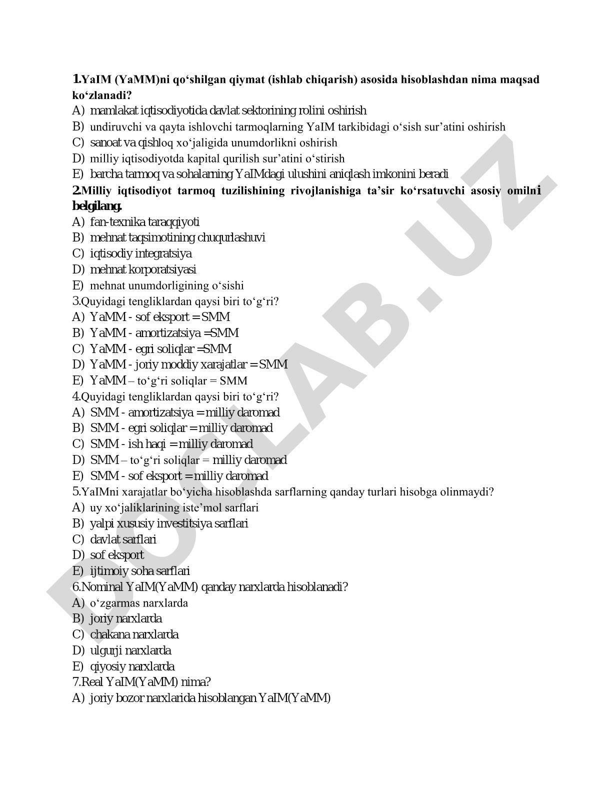 Makroiqtisodiy ko'rsatkichlar bo'yicha testlar