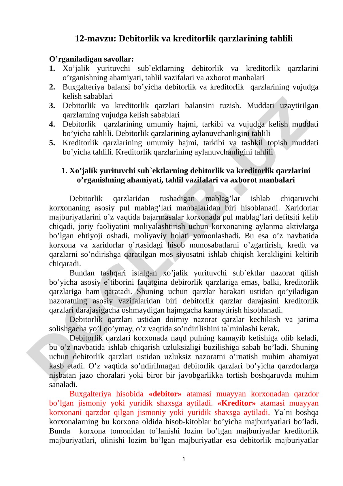 Debitorlik va kreditorlik qarzlarining tahlili