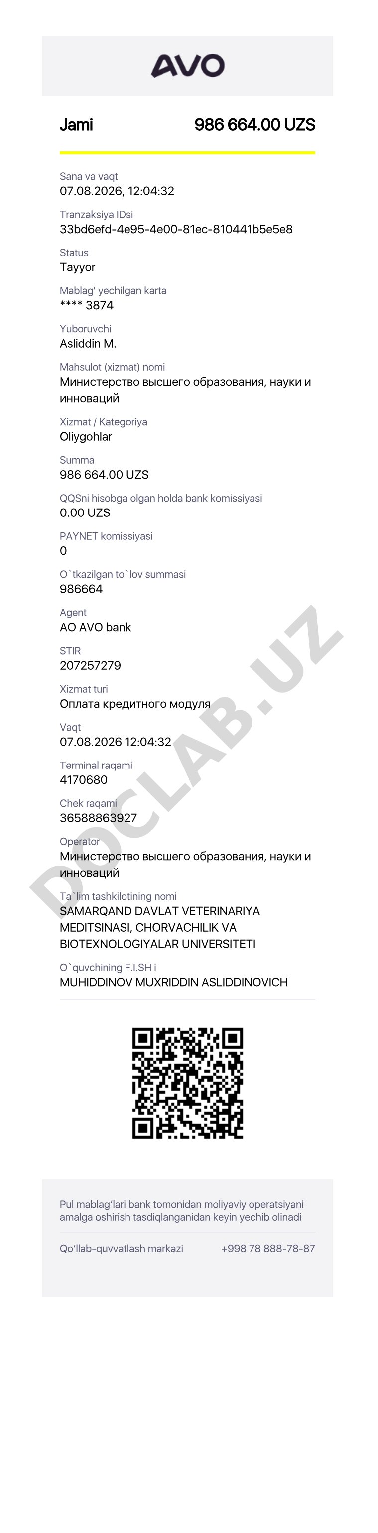 Samarqand davlat veterinariya universitetida kredit modul to'lovi