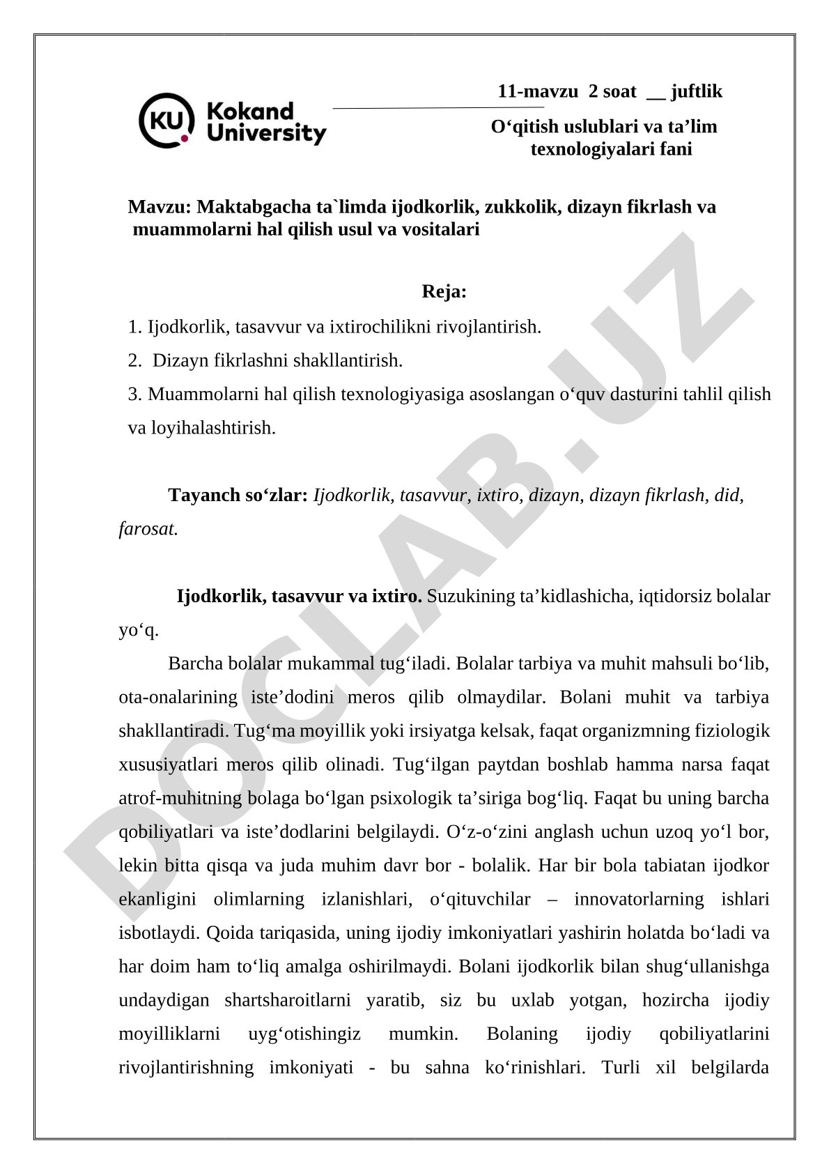 Maktabgacha ta'limda ijodkorlik, zukkolik, dizayn fikrlash va muammolarni hal qilish usul va vositalari