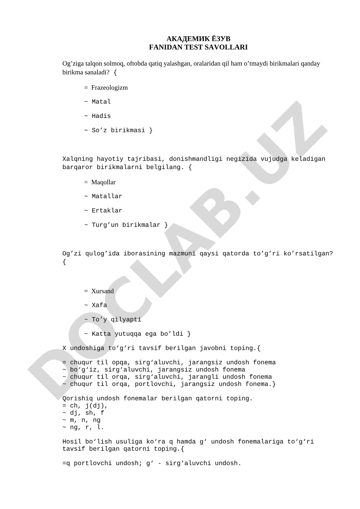 Akademik yozuv fanidan test savollari