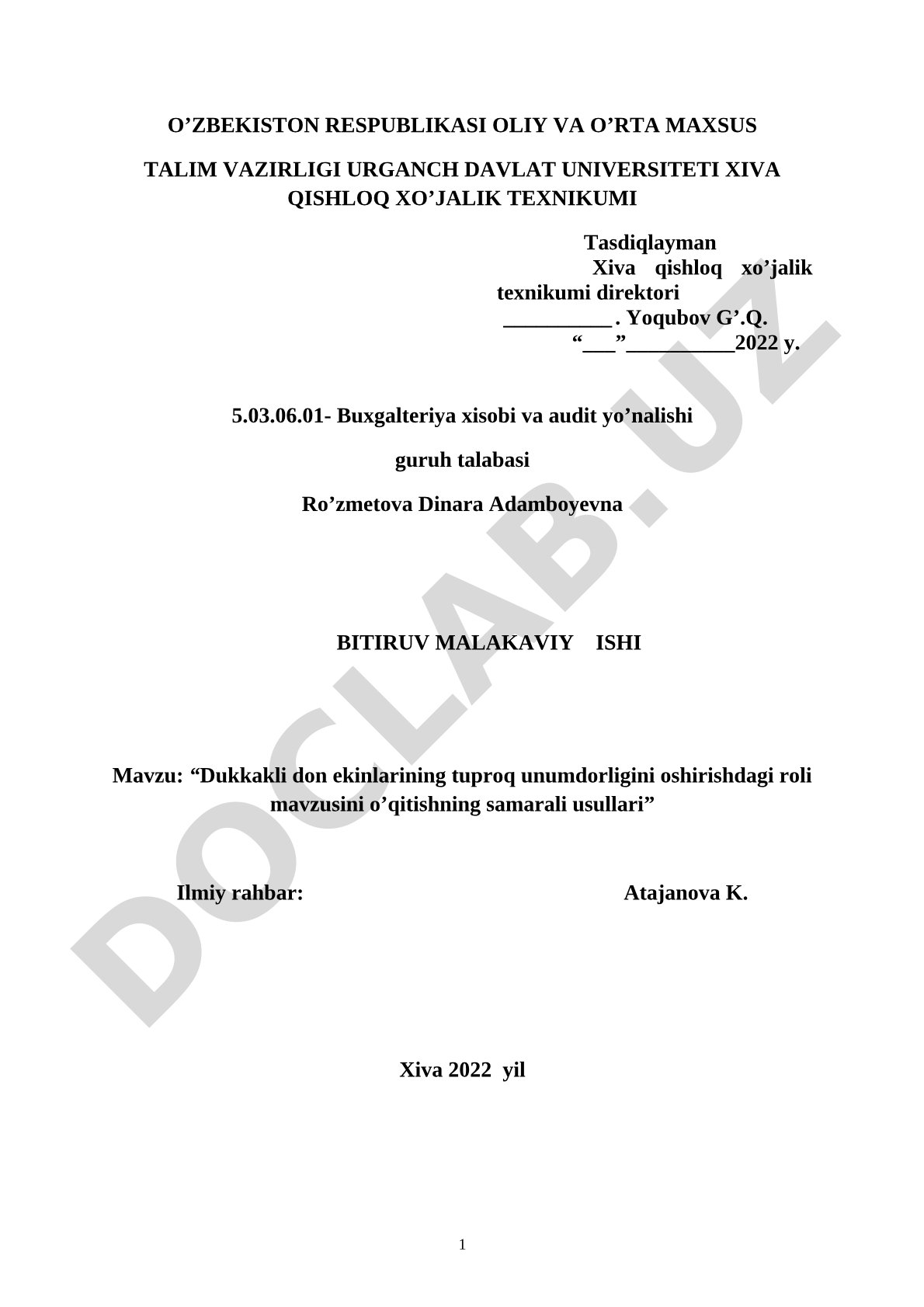 Dukkakli don ekinlarining tuproq unumdorligini oshirishdagi roli mavzusini o'qitishning samarali usullari
