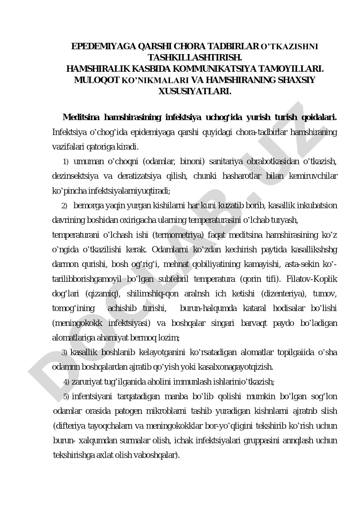 Epidemiyaga qarshi chora-tadbirlar va hamshiralik kommunikatsiyasi