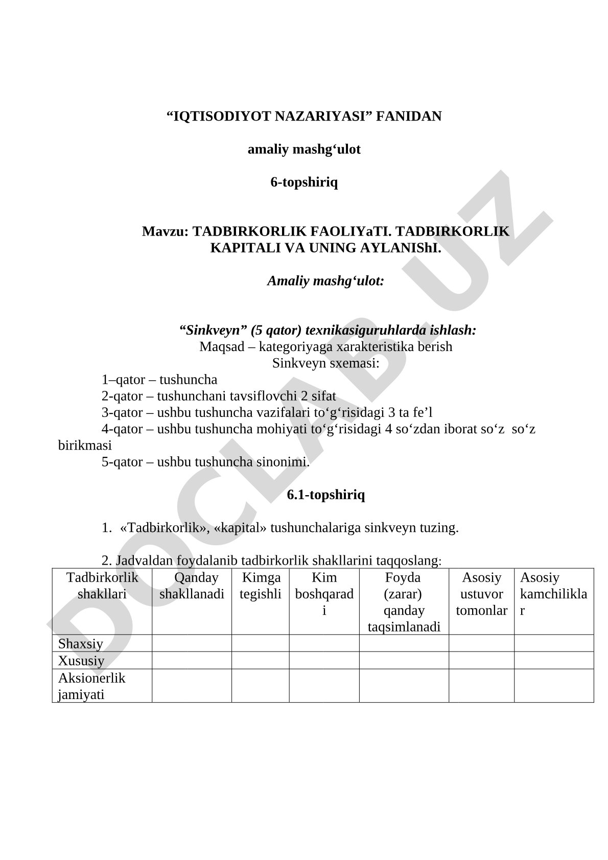 Tadbirkorlik faoliyati. Tadbirkorlik kapitali va uning aylanishi.