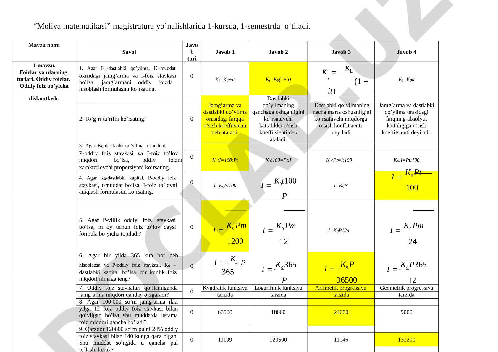 Moliya matematikasi fanidan test savollari