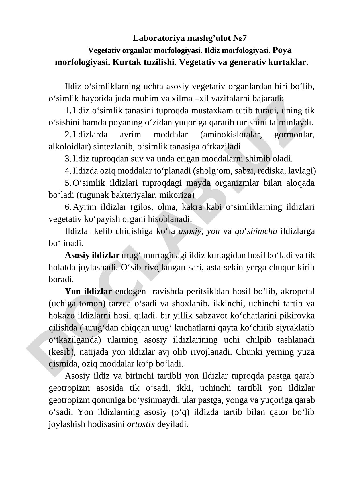 Vegetativ organlar morfologiyasi: ildiz, poya, kurtak tuzilishi