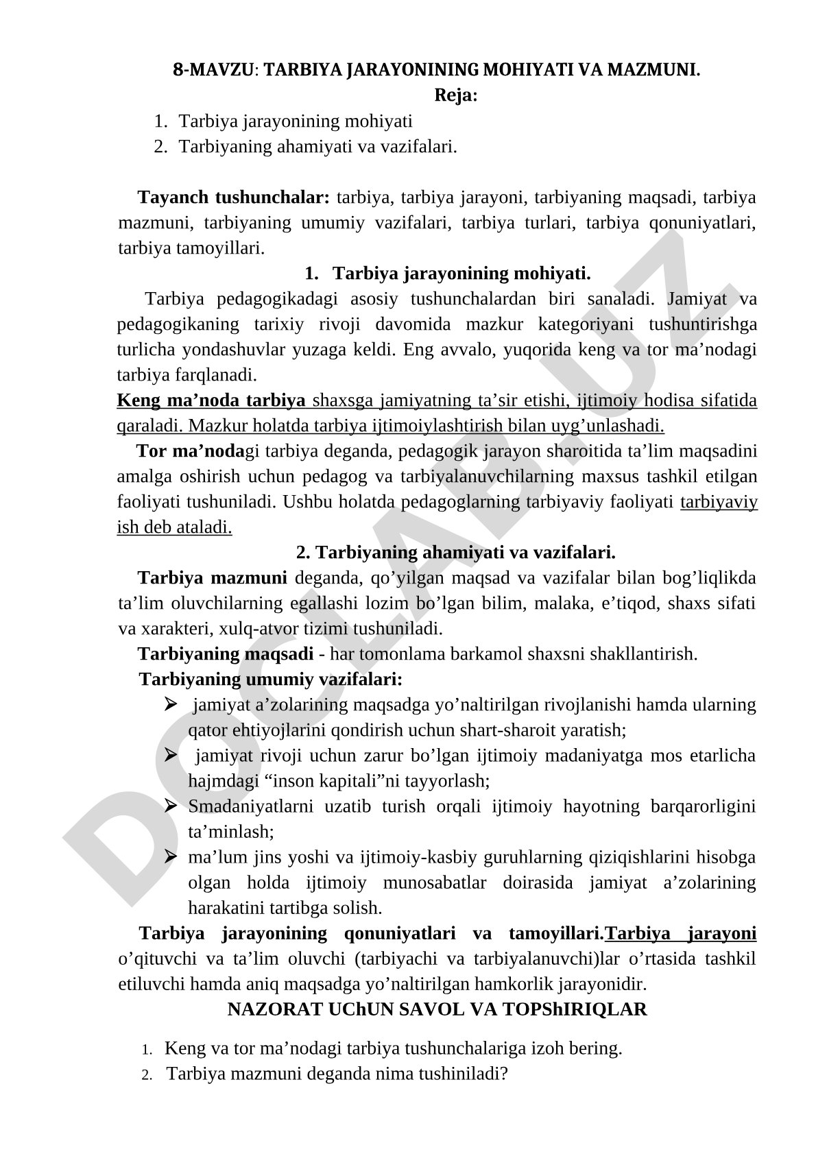 Tarbiya jarayonining mohiyati va mazmuni