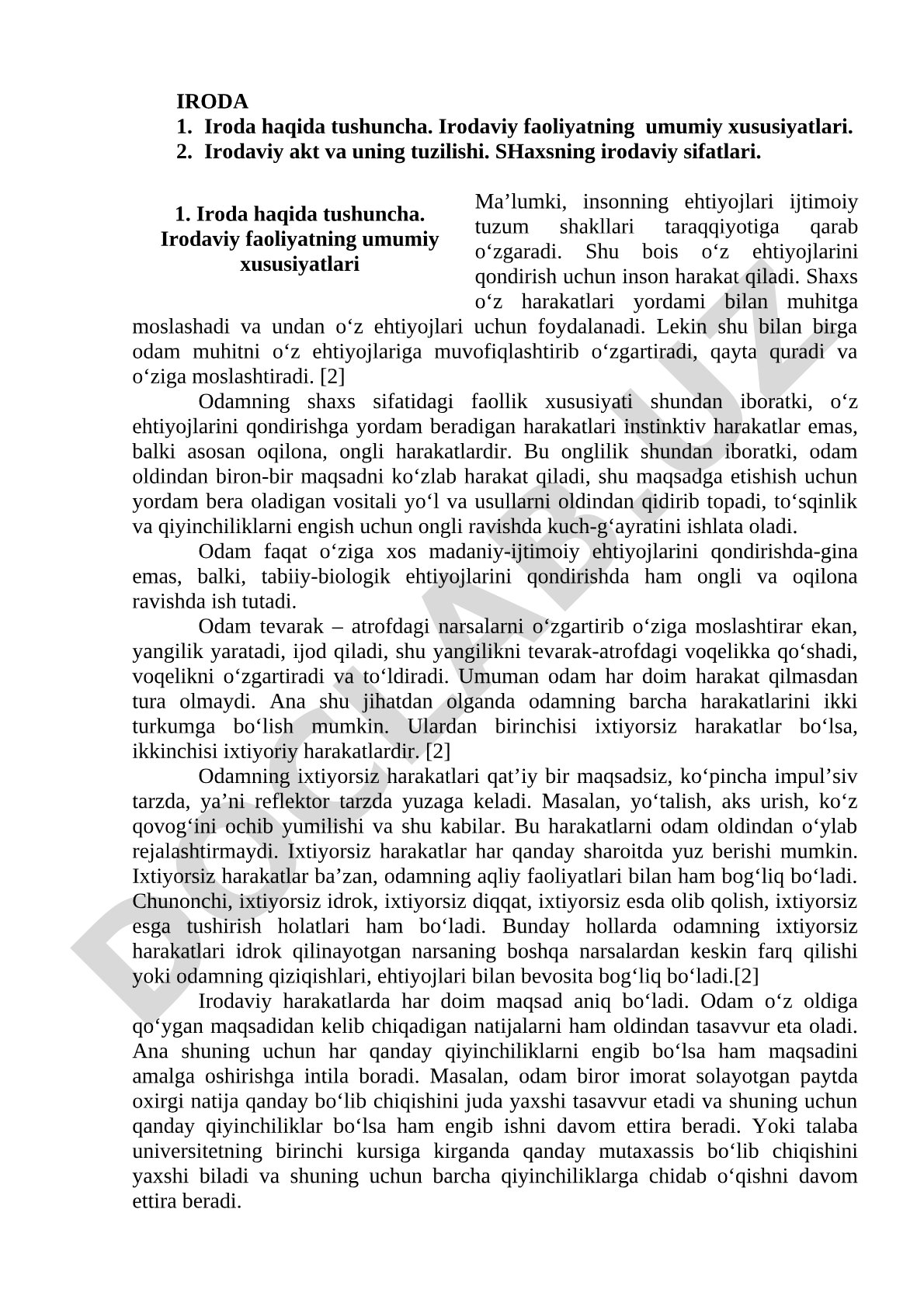 Iroda tushunchasi va irodaviy faoliyatning xususiyatlari