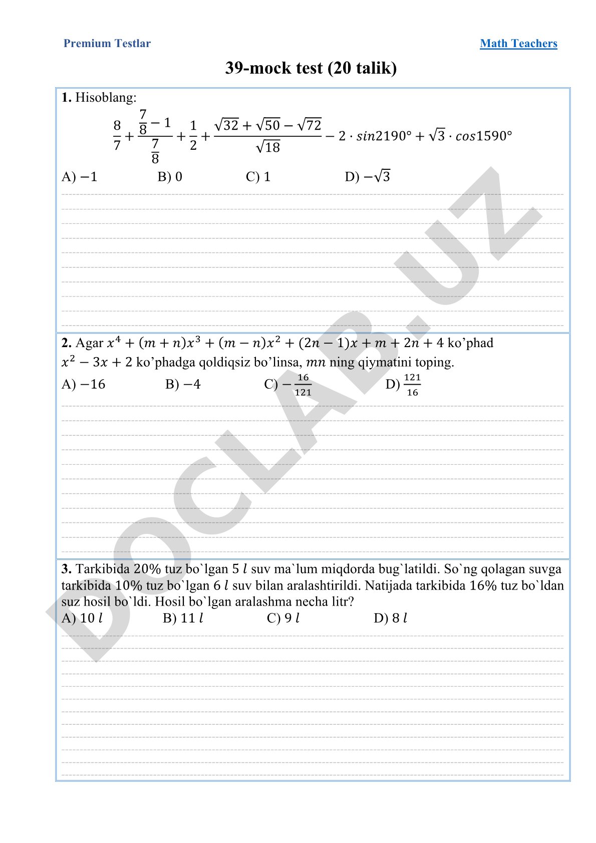 Matematika o'qituvchilari uchun 39-mock test