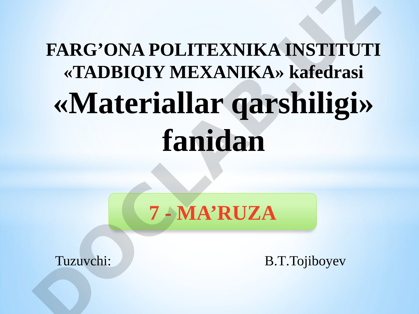 Buralish. To‘g‘ri bruslarning buralishi. Doiraviy kesimli sterjenlarning buralishi. Buralishda kuchlanish va deformatsiya. Buralishda mustahkamlik va bikrlik shartlari. Buralishda potentsial enegiya. Buralishda statik aniqmas masalalar. Buralishga doir amaliy hisoblar