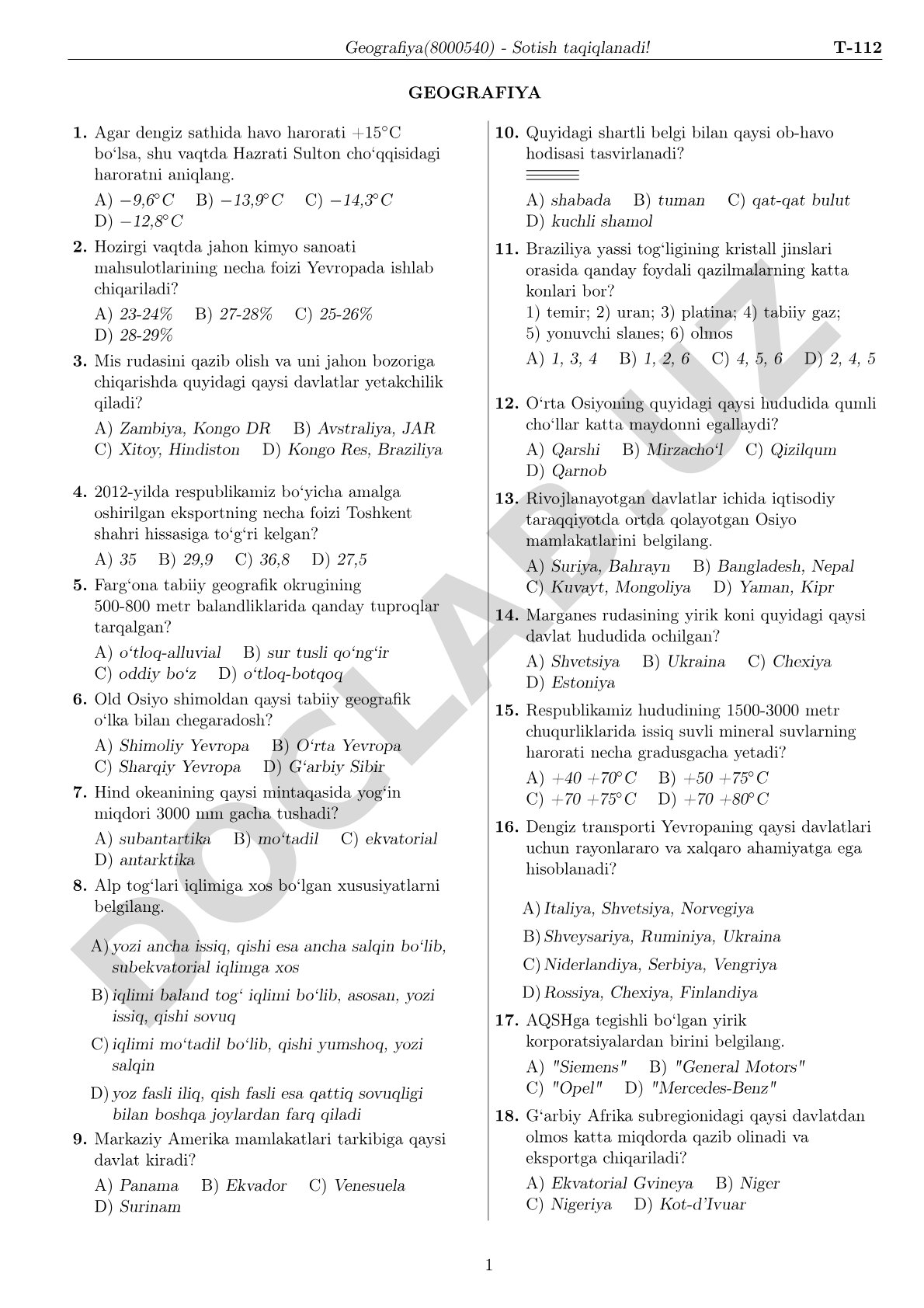 Geografiya fanidan test savollari