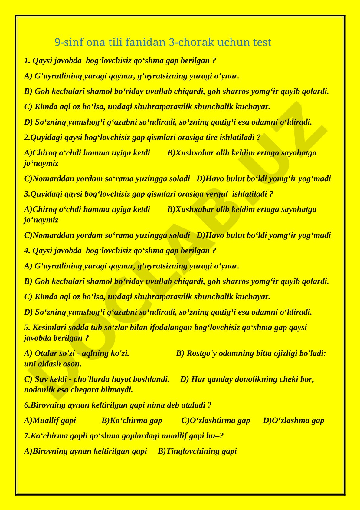 Bog'lovchisiz qo'shma gaplar testi (9-sinf, 3-chorak)