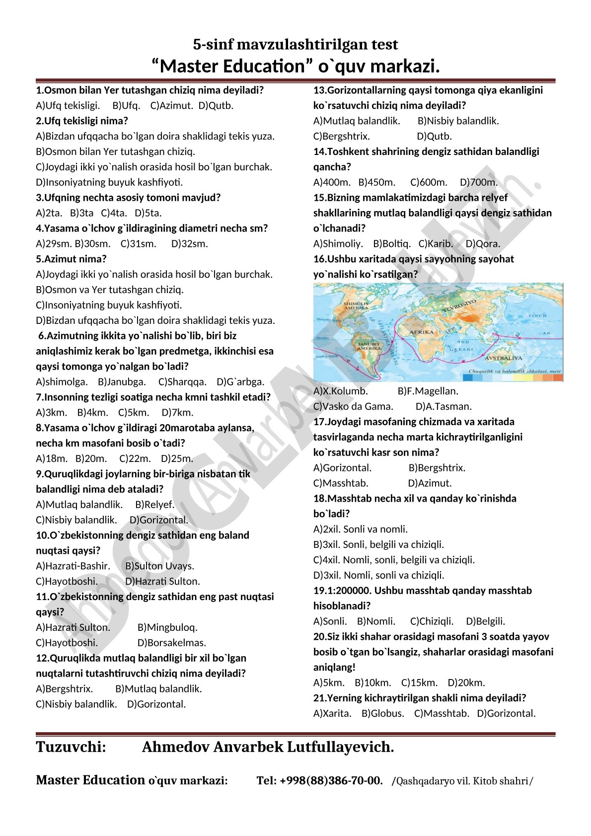 Ufq va azimut bo'yicha test savollari