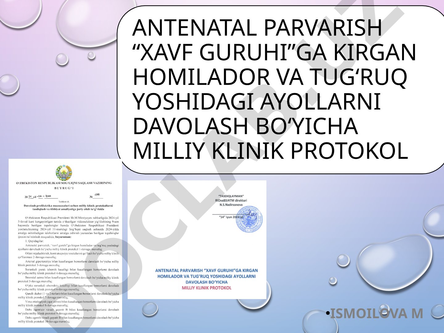 Antenatal parvarish “xavf guruhi”ga kirgan homilador va tugʻruq yoshidagi ayollarni davolash boʻyicha milliy klinik protokol