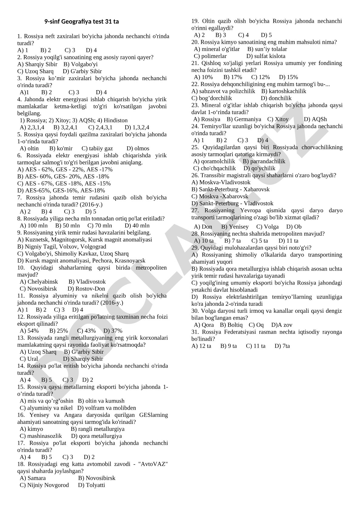 Rossiya geografiyasi bo'yicha test