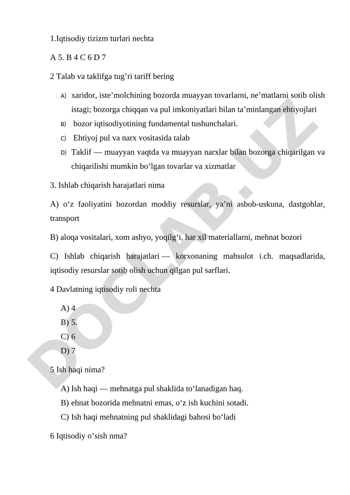 Iqtisodiyot fanidan test savollari