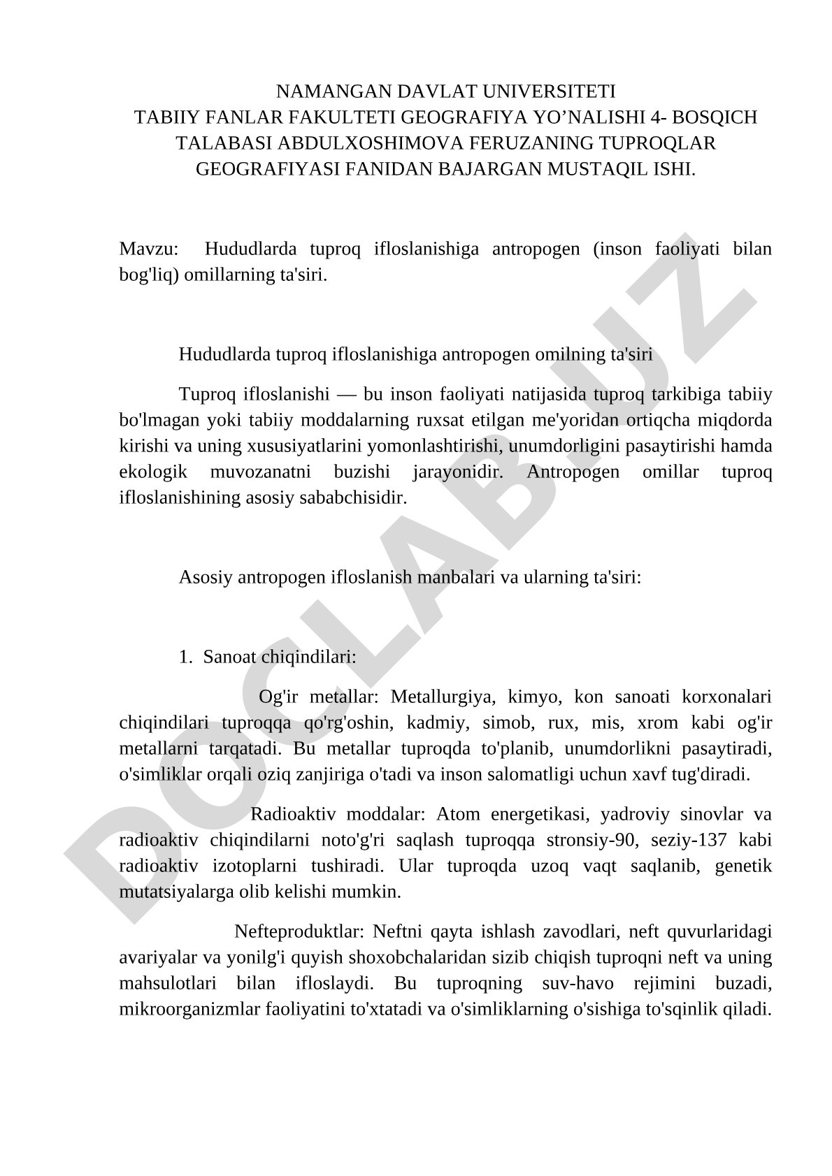 Hududlarda tuproq ifloslanishiga antropogen omillarning ta'siri