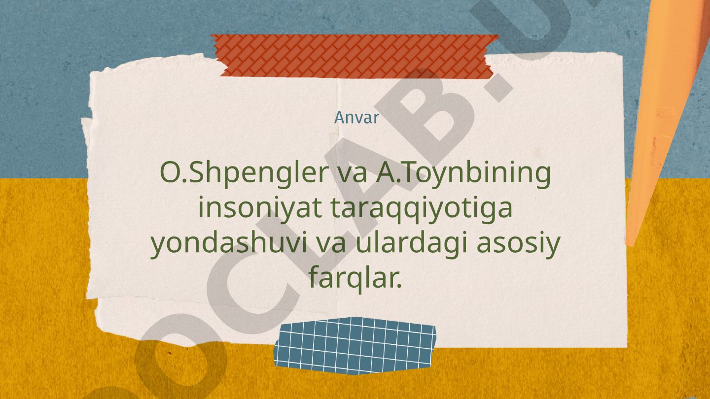 O.Shpengler va A.Toynbining insoniyat taraqqiyotiga yondashuvi va farqlari