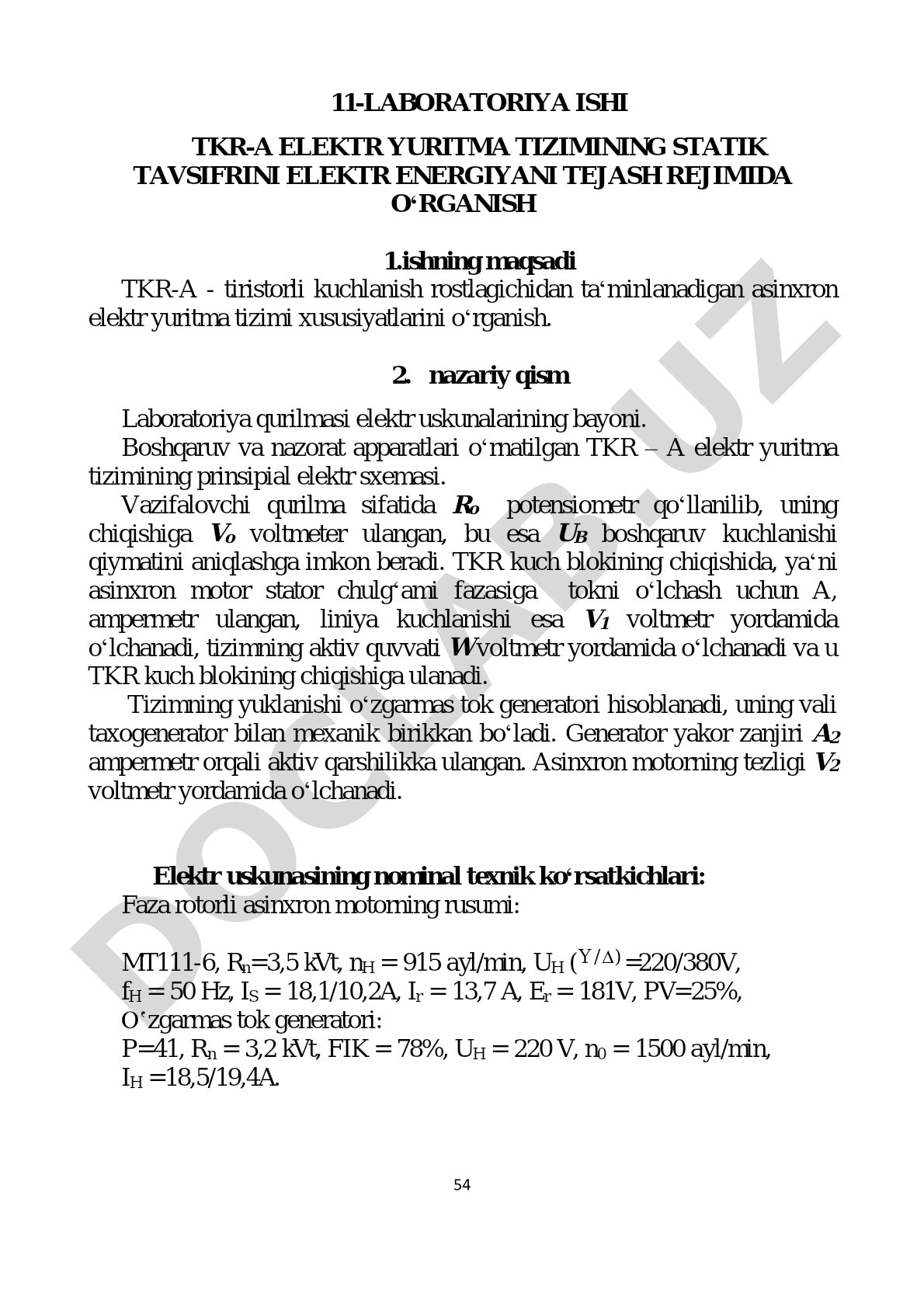 TKR-A elektr yuritma tizimining statik tavsifini elektr energiyani tejash rejimida o‘rganish