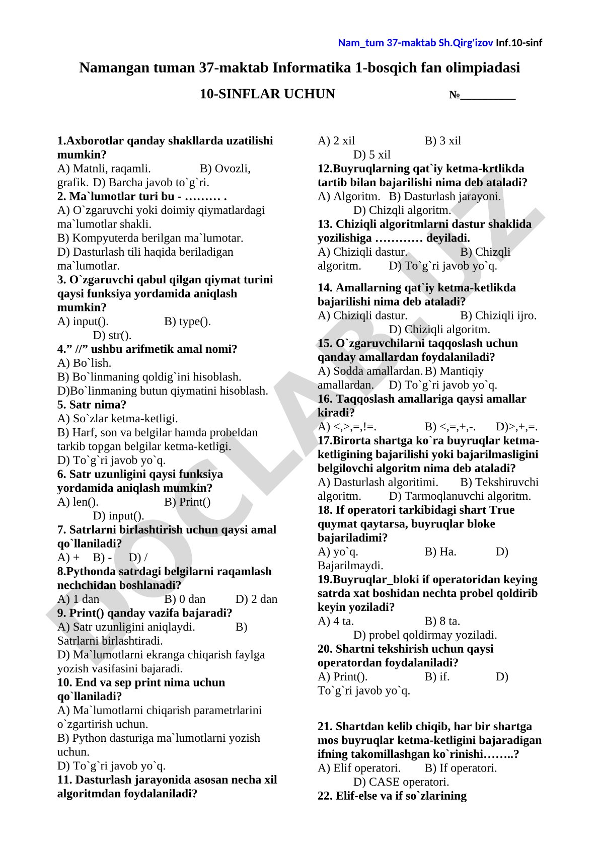 Namangan tuman 37-maktab Informatika 1-bosqich fan olimpiadasi 10-SINFLAR UCHUN