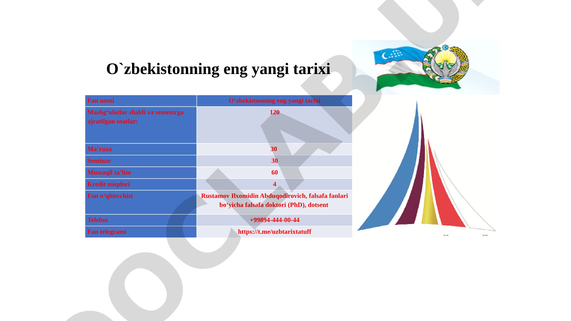 O‘zbekistonning eng yangi tarixi fani bo‘yicha o‘quv dasturi
