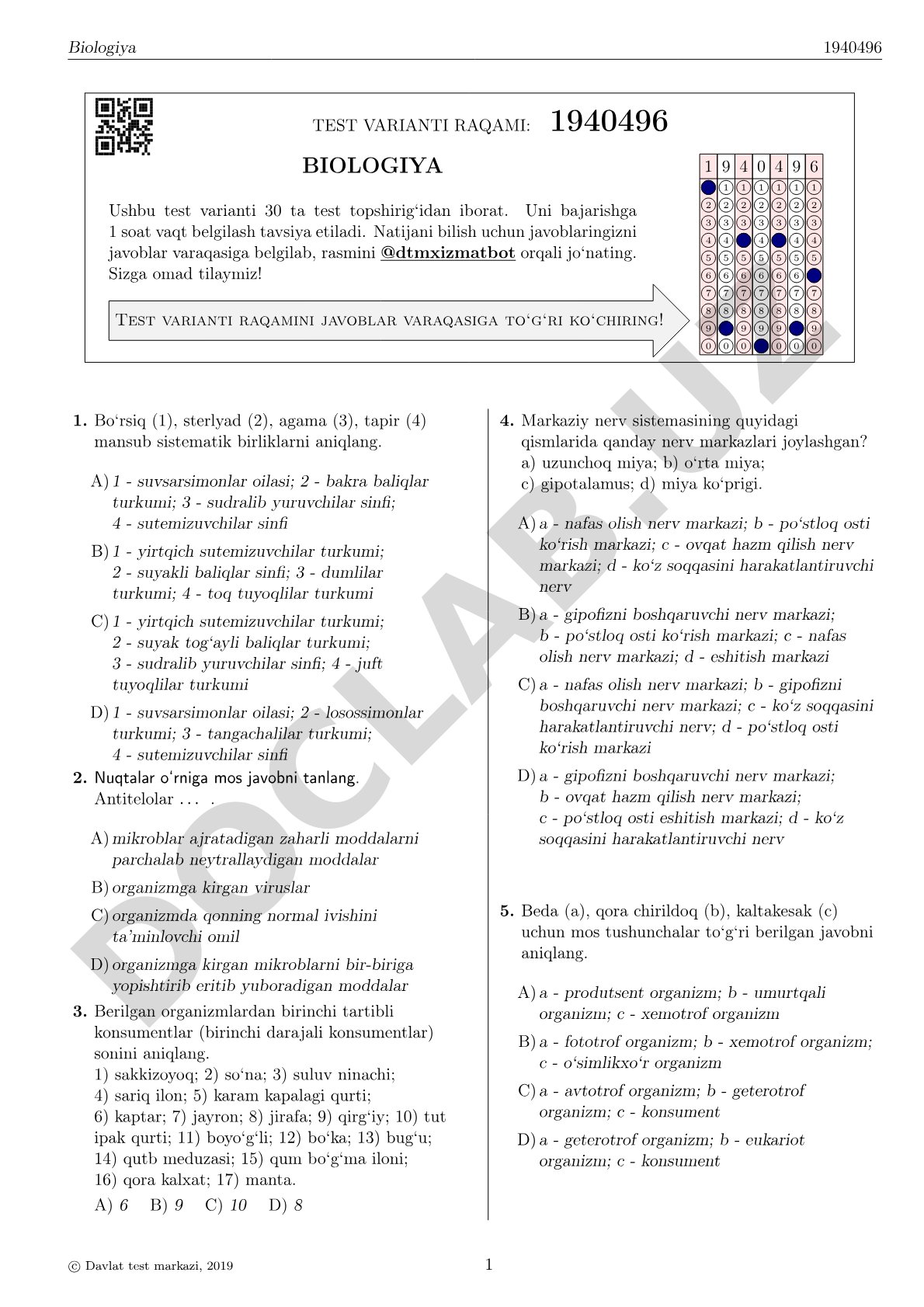 30 ta test topshirig'idan iborat biologiya testi