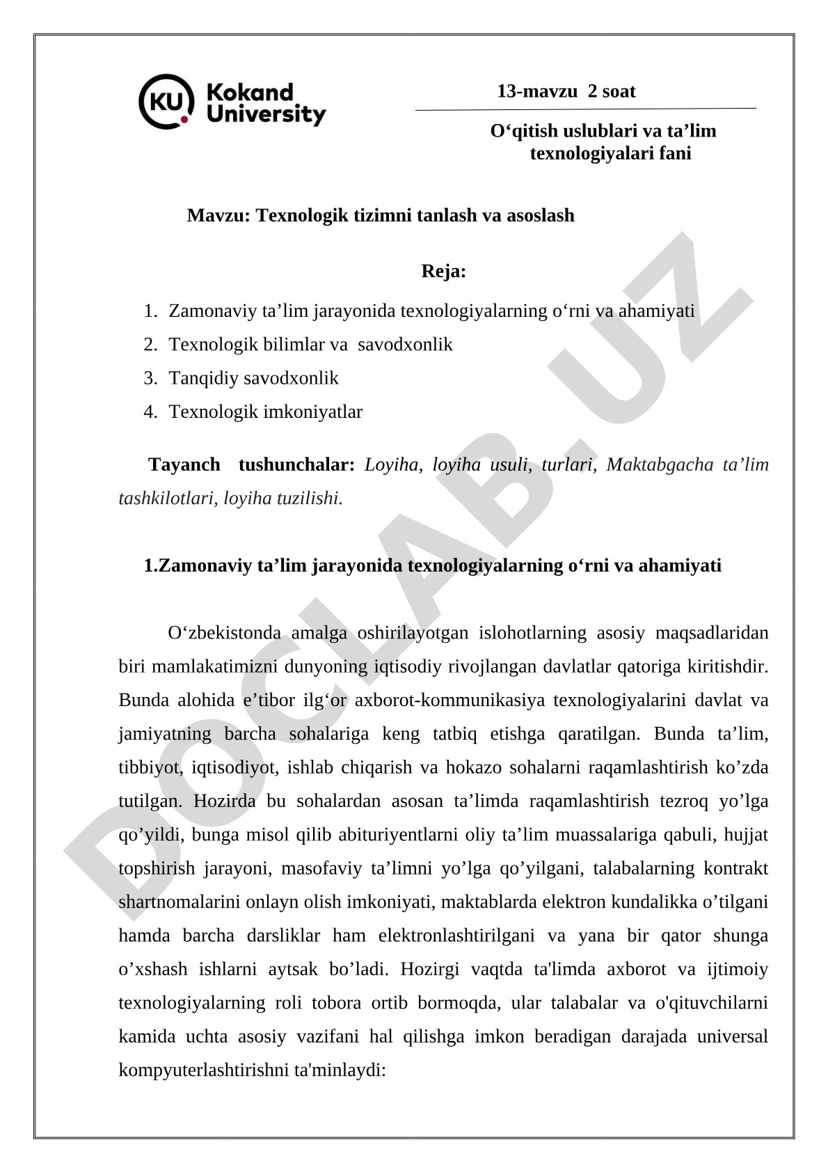 Texnologik tizimni tanlash va asoslash