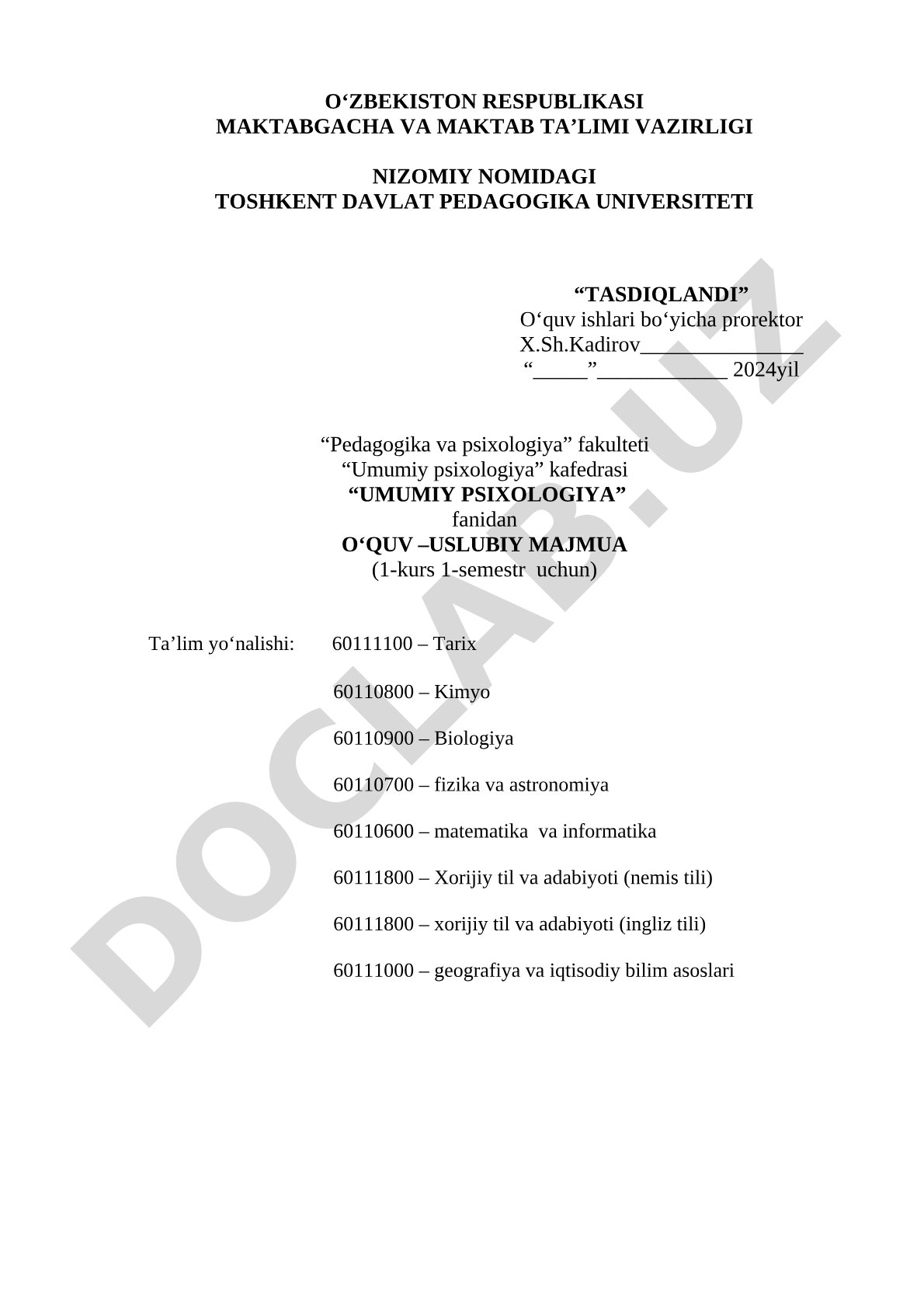 Umumiy psixologiya fanidan o'quv-uslubiy majmua