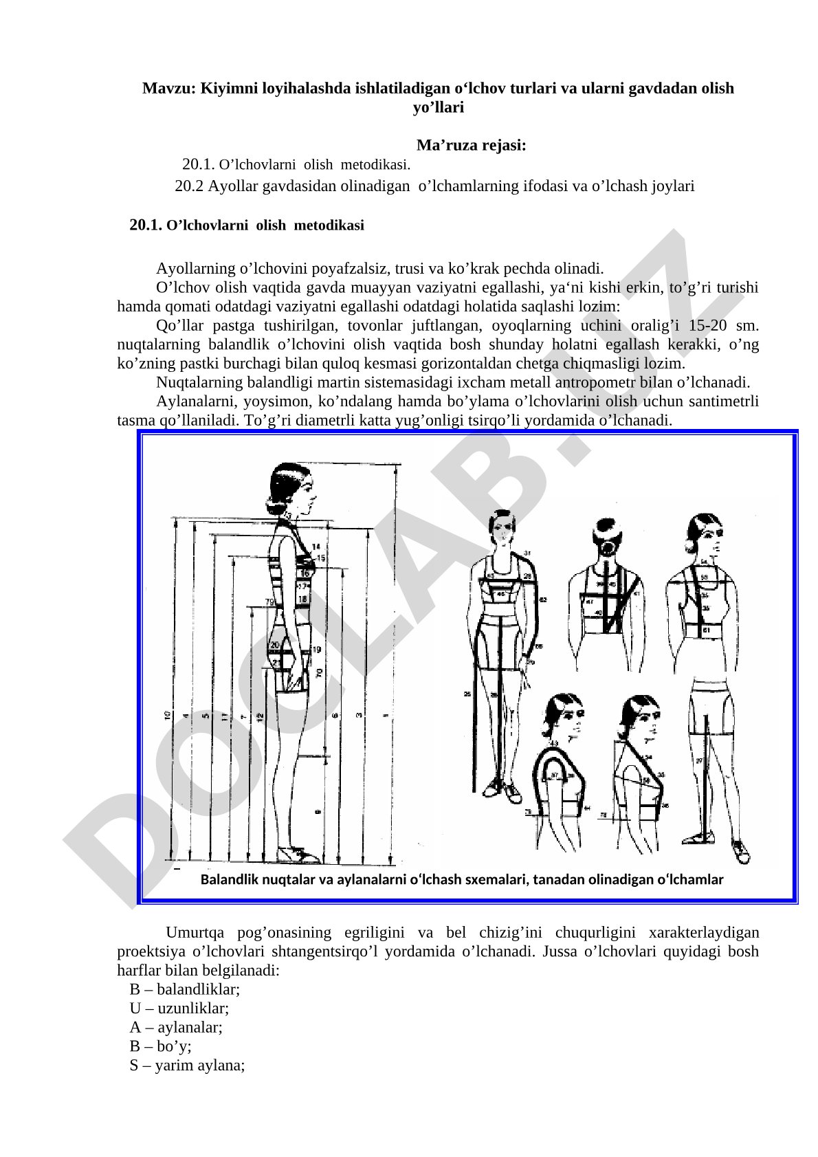 Kiyimni loyihalashda ishlatiladigan o'lchov turlari va ularni gavdadan olish yo'llari
