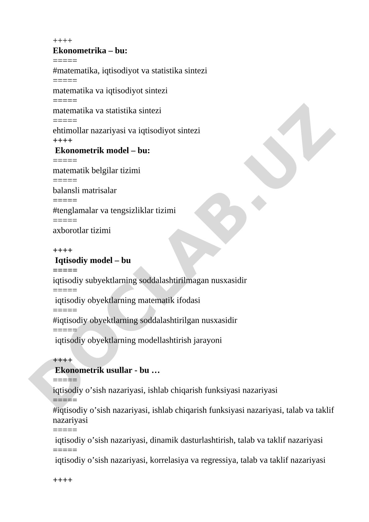 Ekonometrika fanidan test savollari