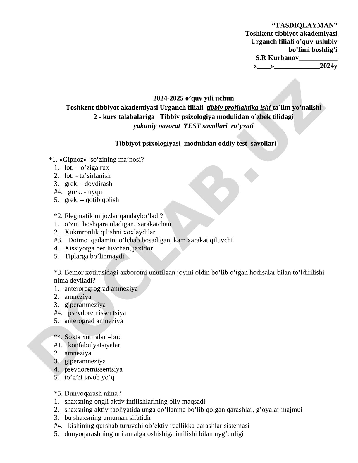 Tibbiy psixologiya modulidan test savollari