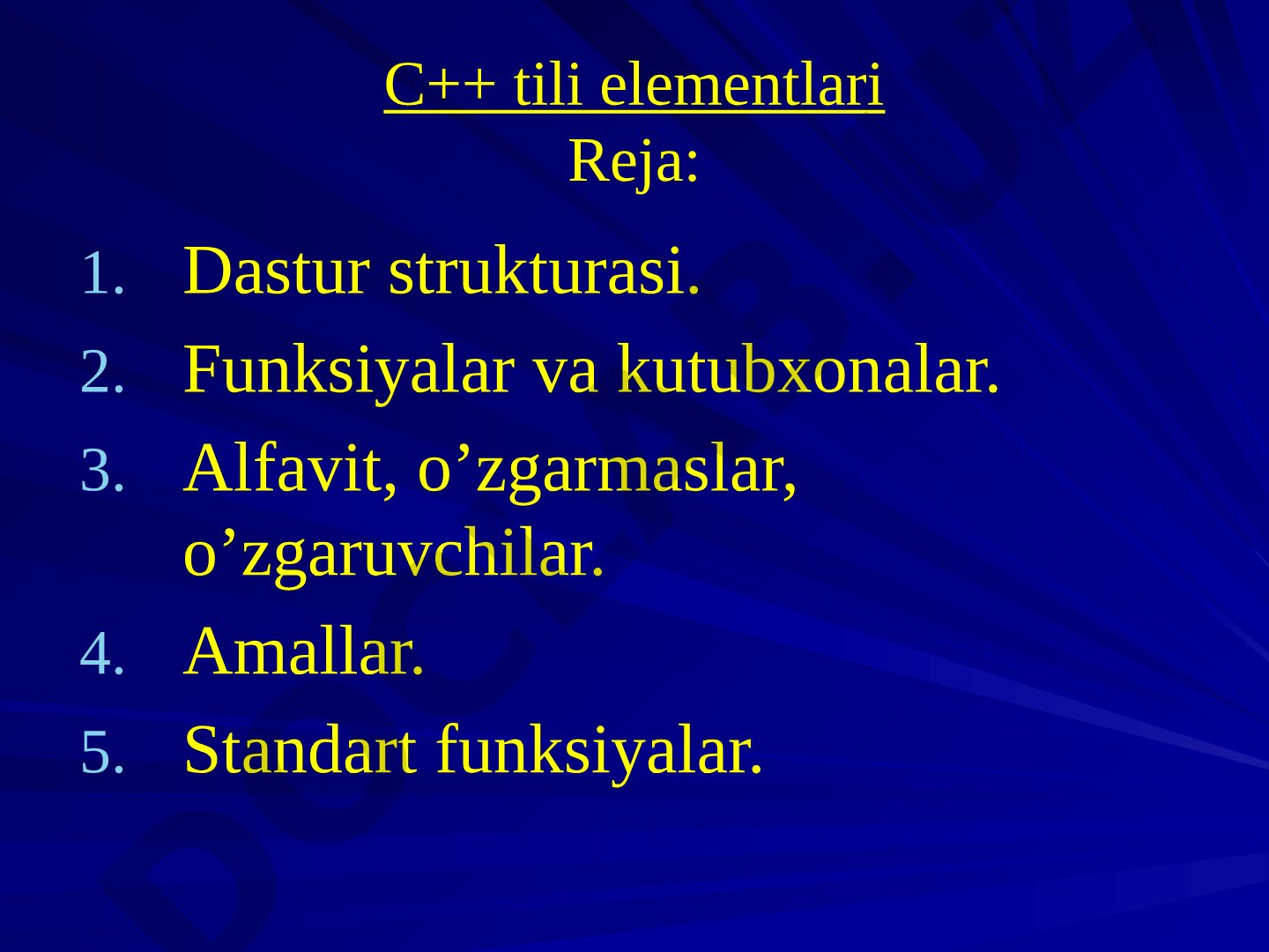 C++ tilining dastur strukturasi, kutubxonalar, o'zgaruvchilar va amallar haqida