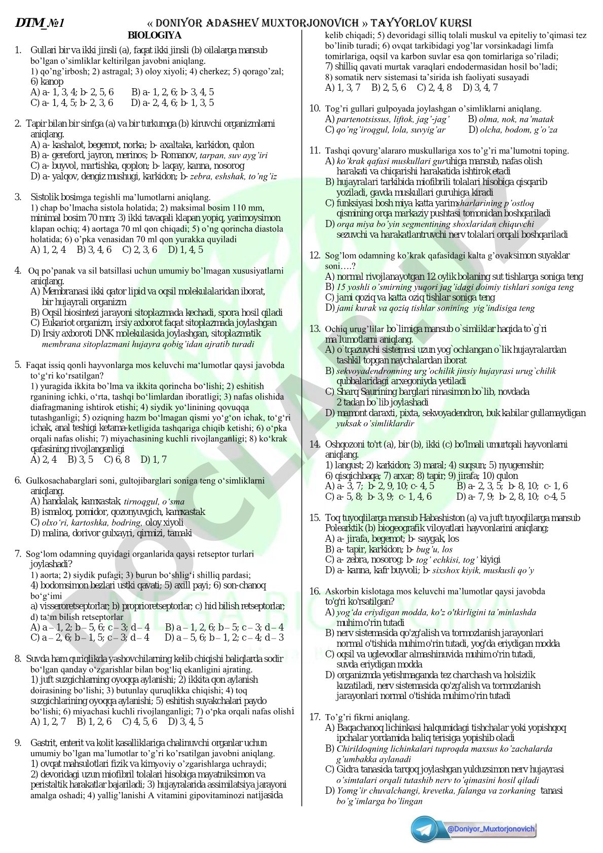 Biologiya fanidan test savollari
