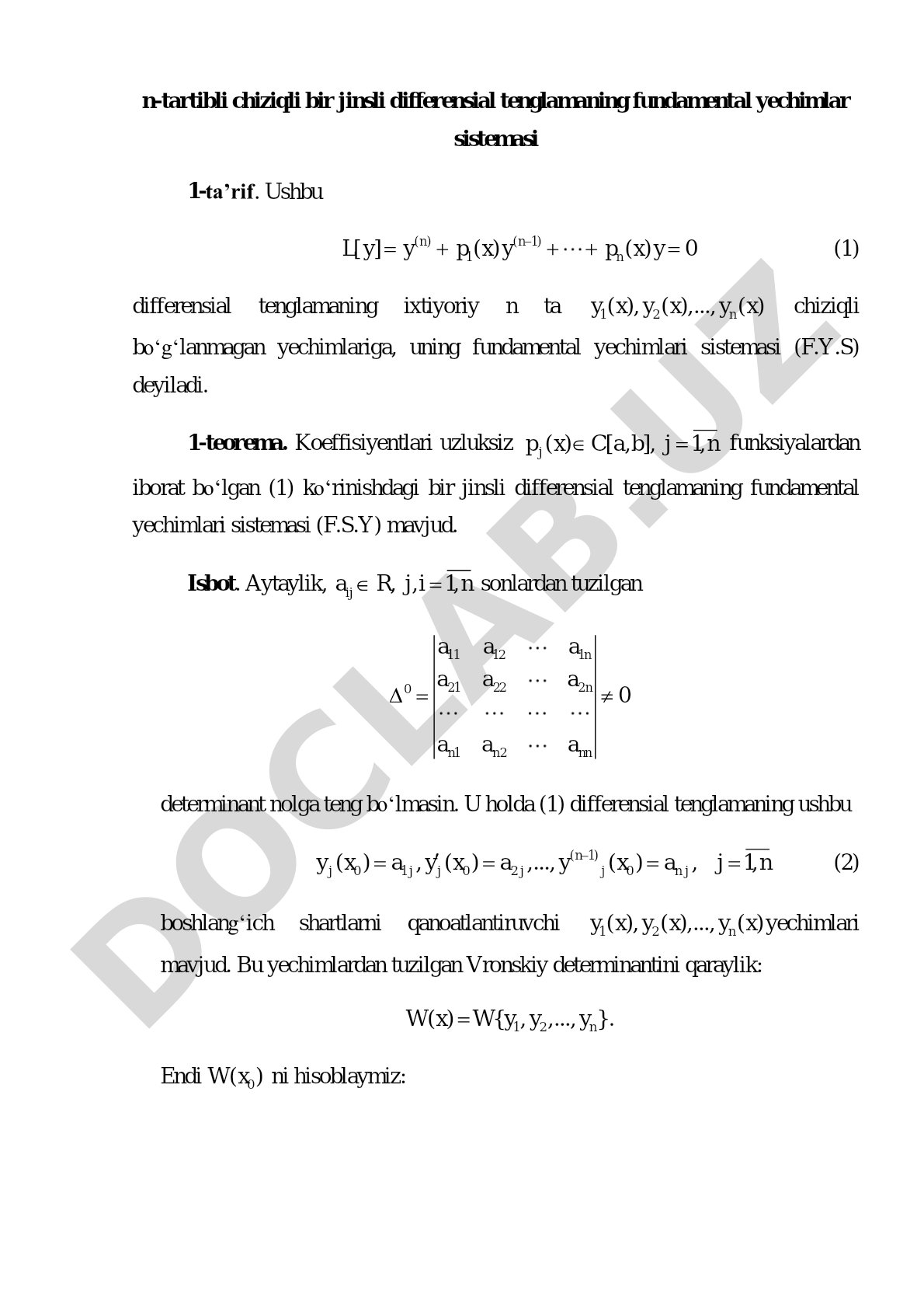 n-tartibli chiziqli bir jinsli differensial tenglamaning fundamental yechimlar sistemasi