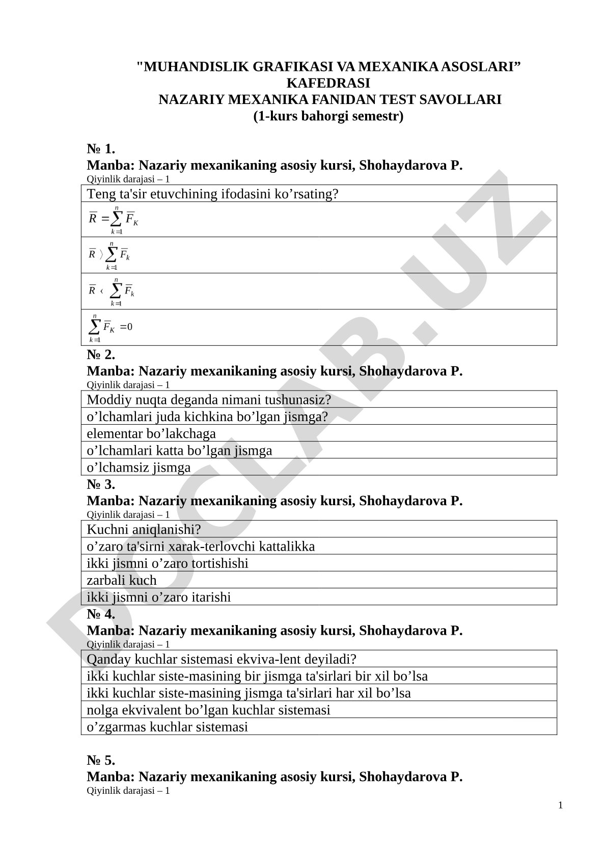 Nazariy mexanika fanidan test savollari