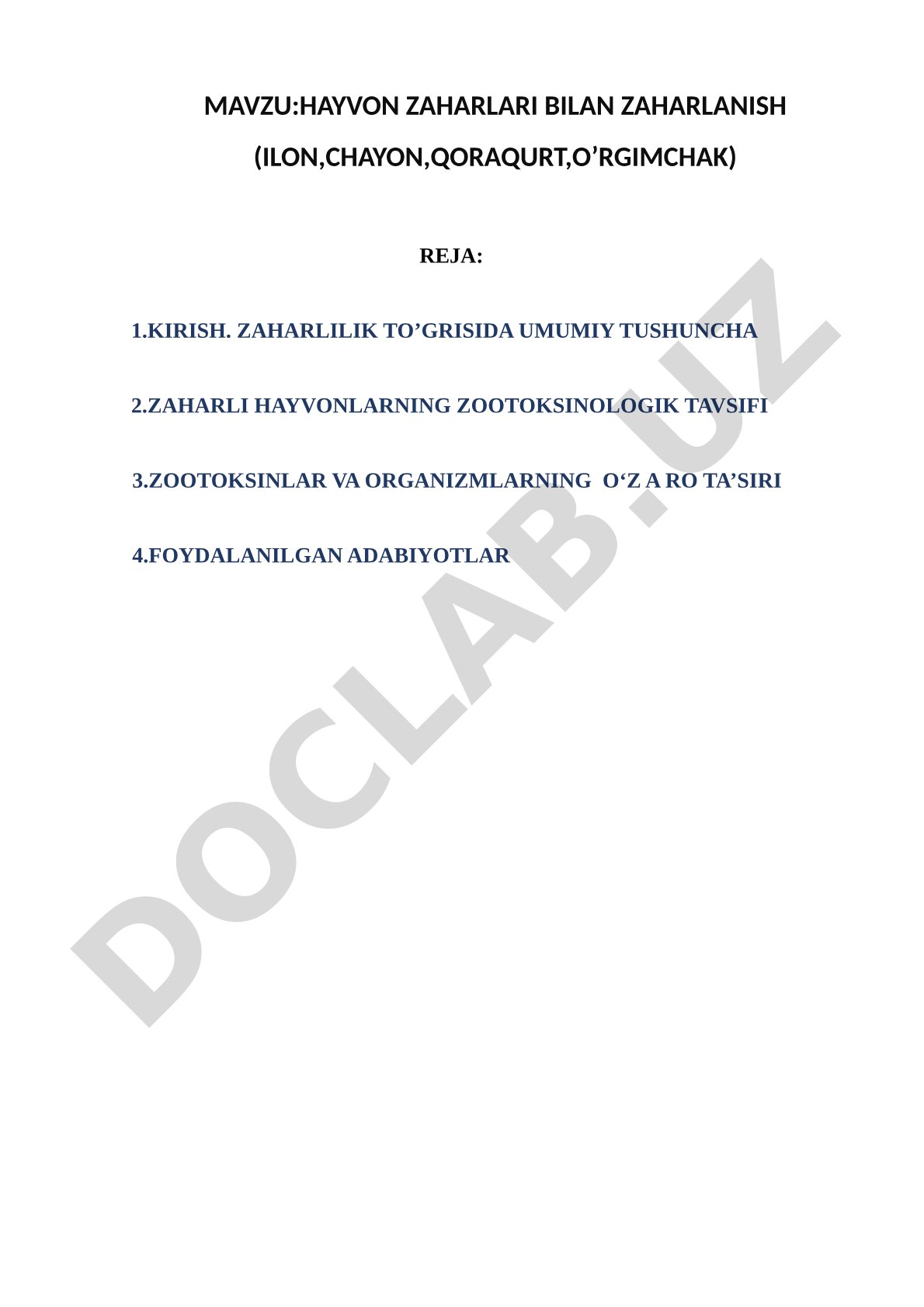 Hayvon zaharlari bilan zaharlanish (ilon, chayon, qoraqurt, o'rgimchak)