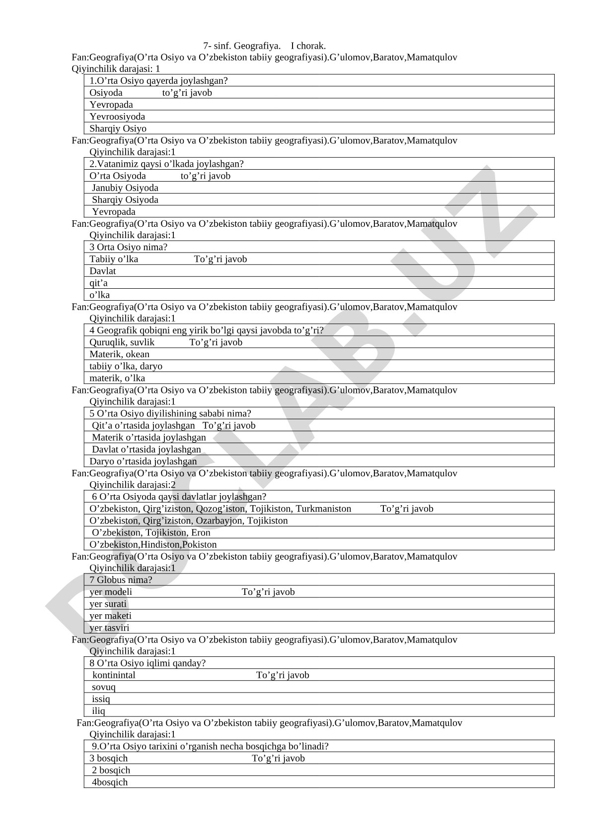 Geografiya(O’rta Osiyo va O’zbekiston tabiiy geografiyasi)
