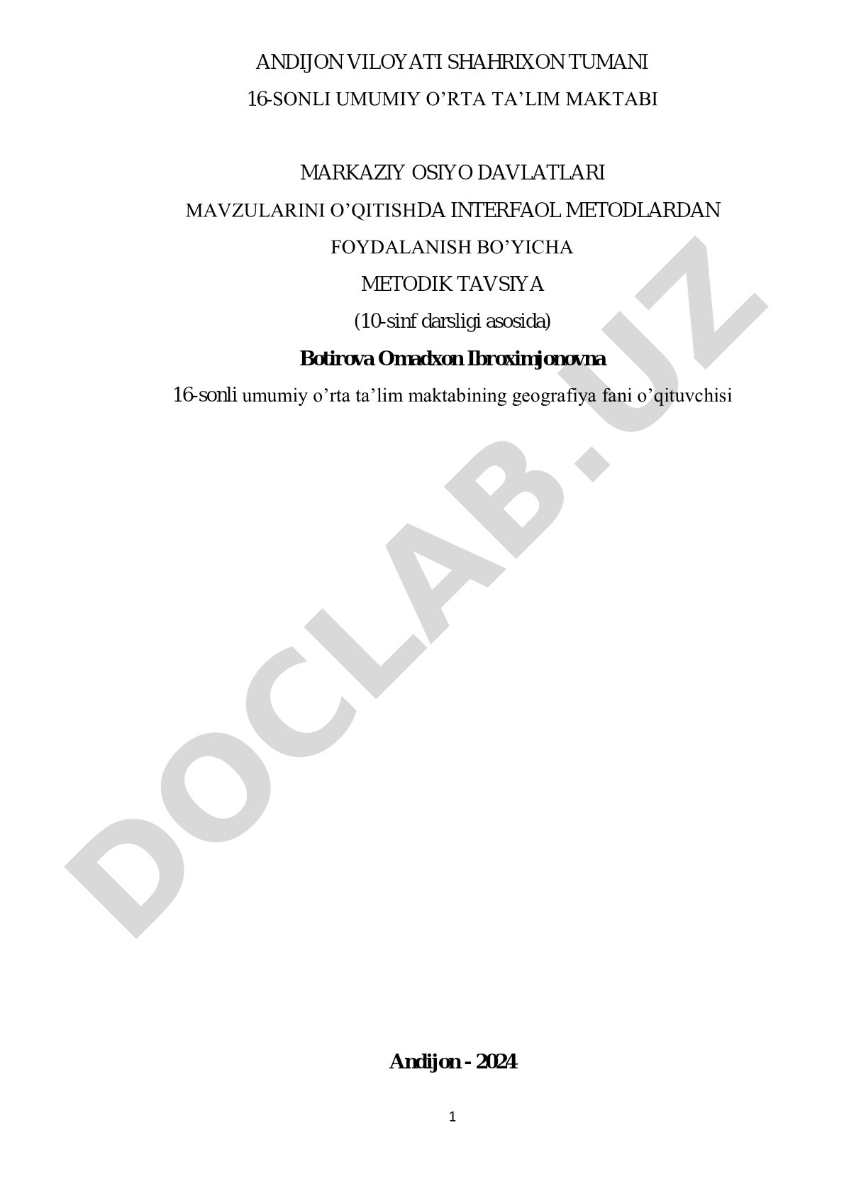 Markaziy Osiyo davlatlari mavzularini o‘qitishda interfaol metodlardan foydalanish
