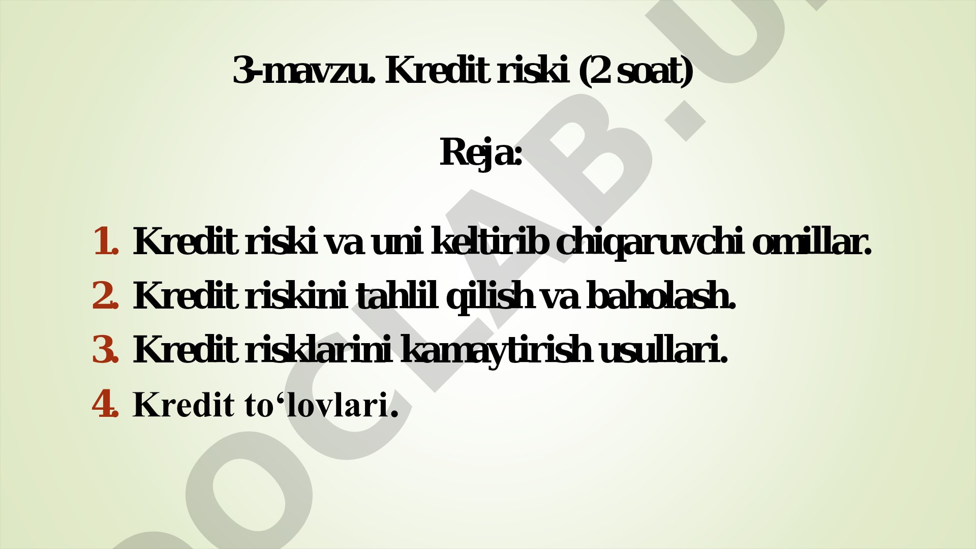 Kredit riski, uning omillari, tahlili va kamaytirish usullari haqida taqdimot