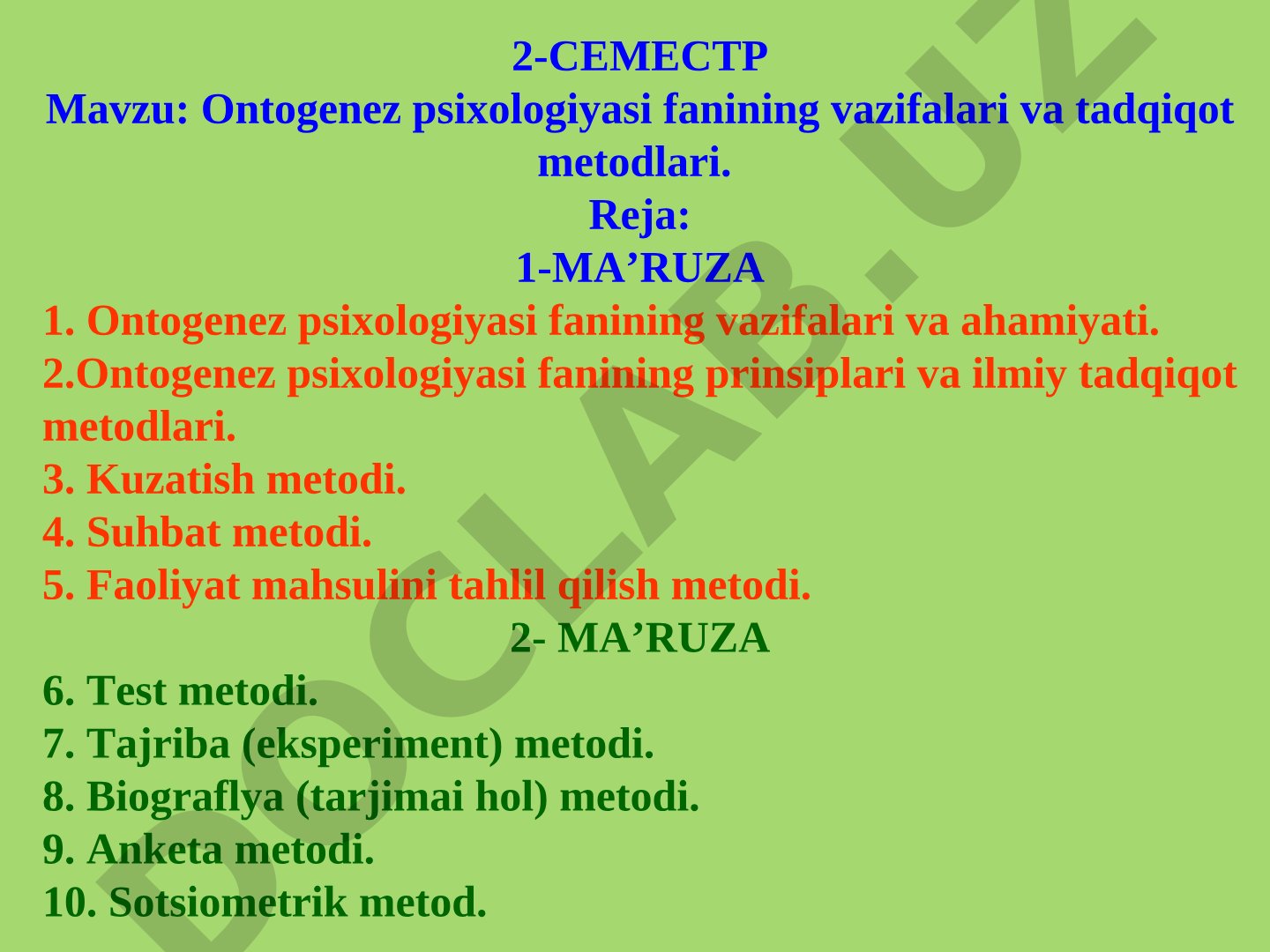 Ontogenez psixologiyasi fanining vazifalari va tadqiqot metodlari