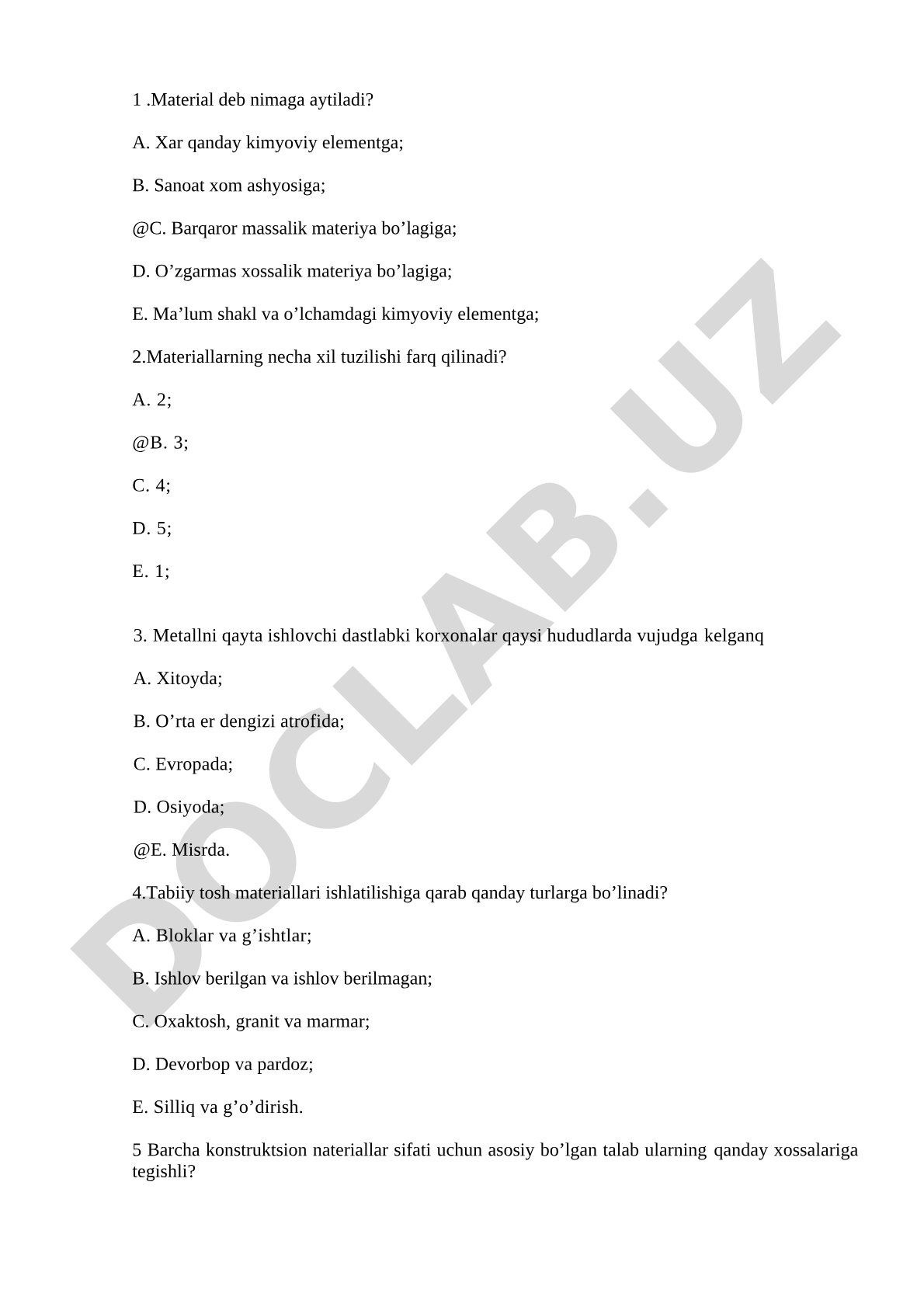 Materialshunoslik asoslari bo'yicha test savollari