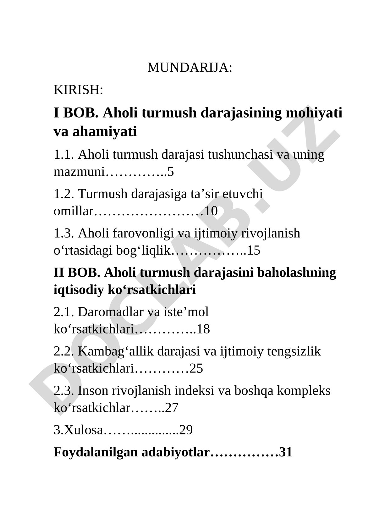 Aholi turmush darajasi va uni baholashning iqtisodiy ko’rsatkichlari