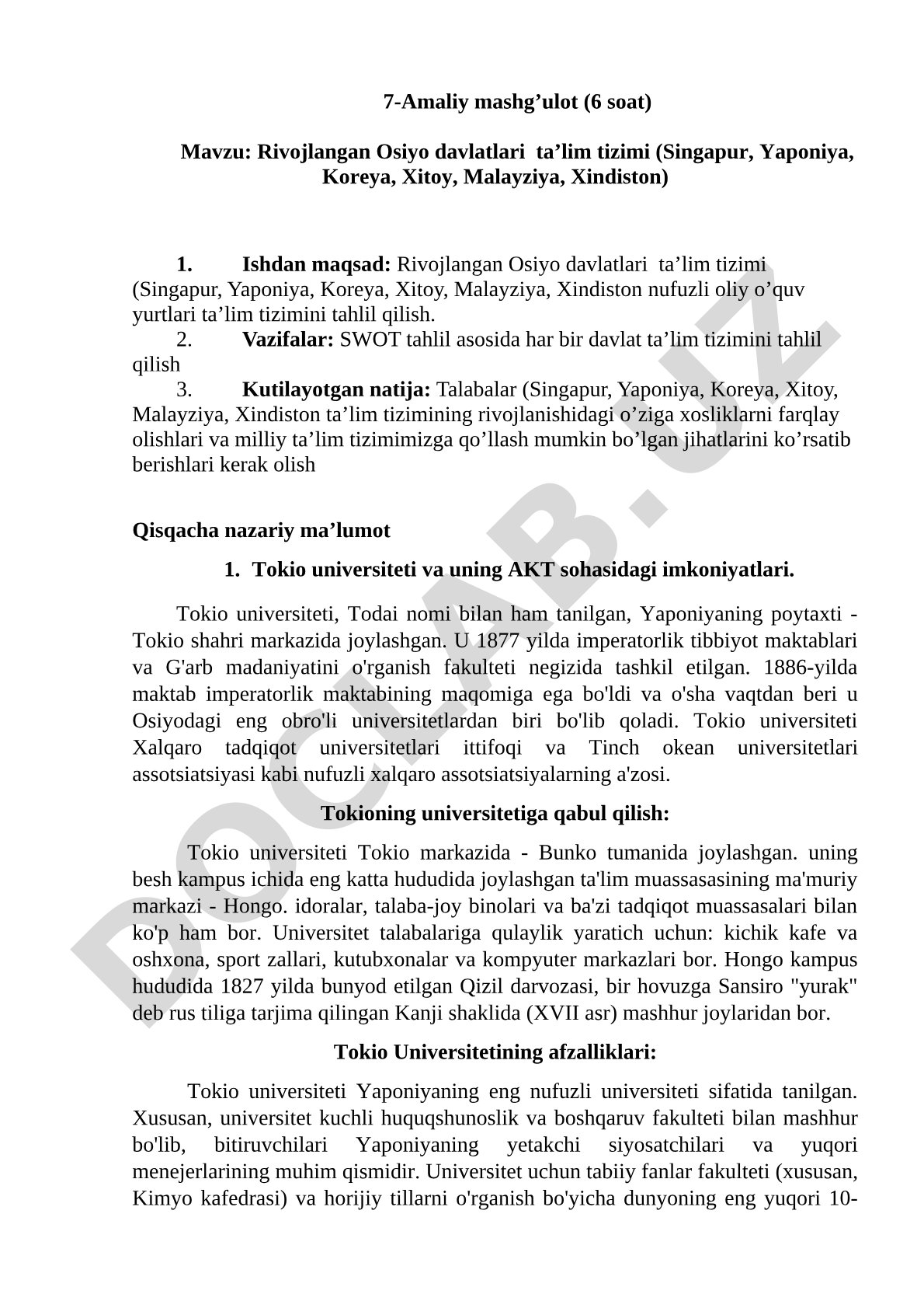 Rivojlangan Osiyo davlatlari ta'lim tizimi (Singapur, Yaponiya, Koreya, Xitoy, Malayziya, Xindiston)
