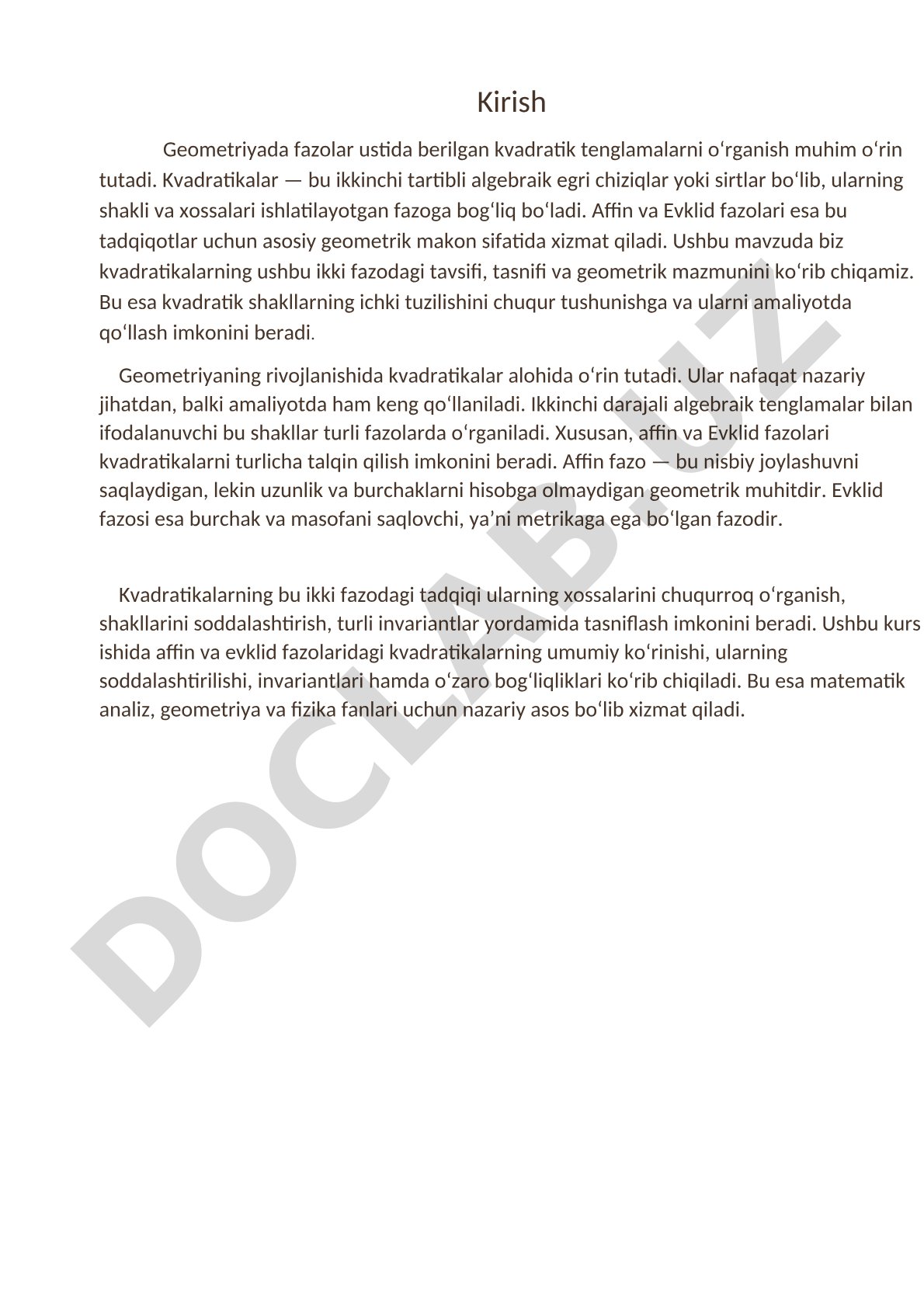 Geometriya fanidan affin va Evklid fazolarida kvadratikalar